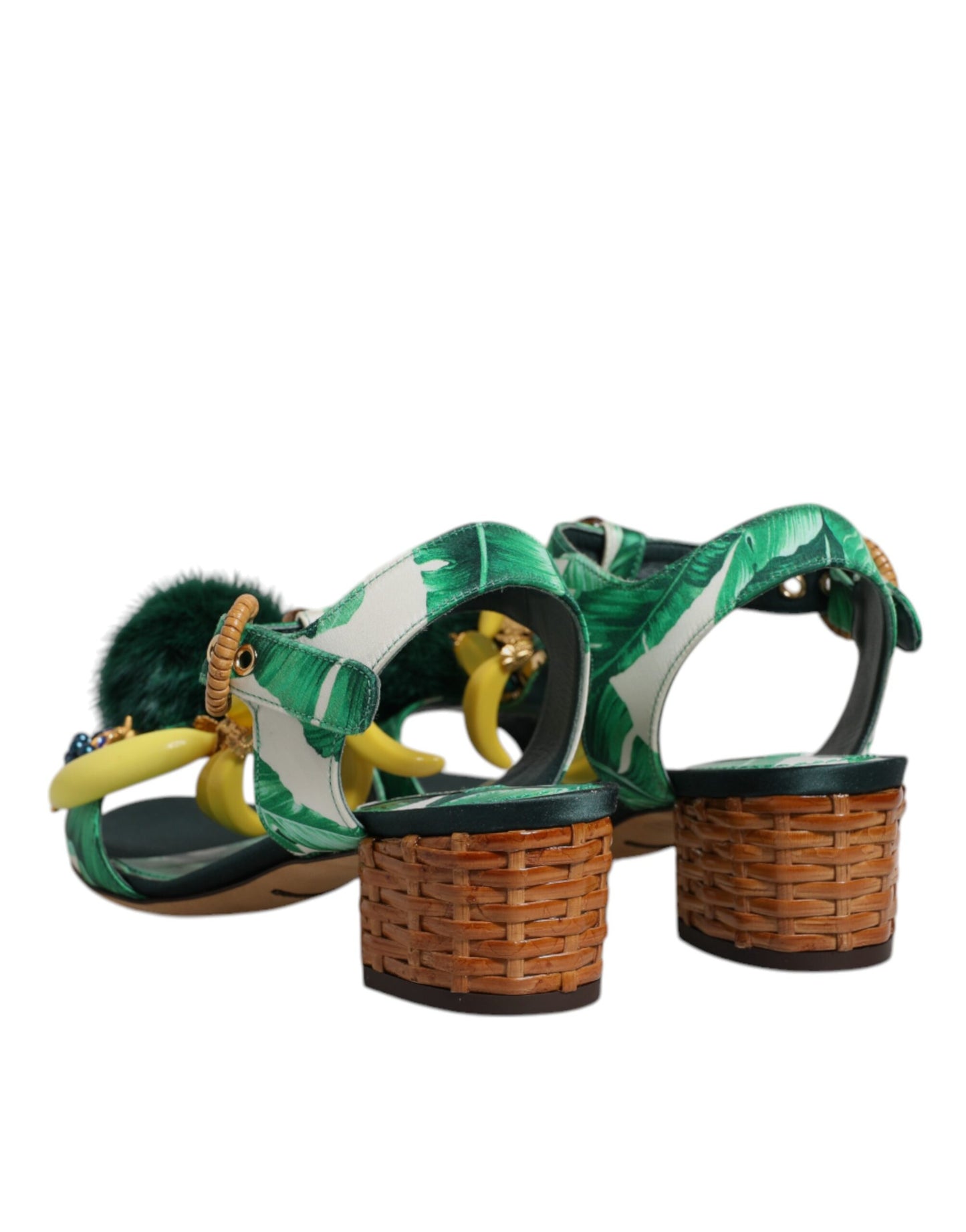 Sandales Dolce & Gabbana ornées de fourrure et de cristaux verts