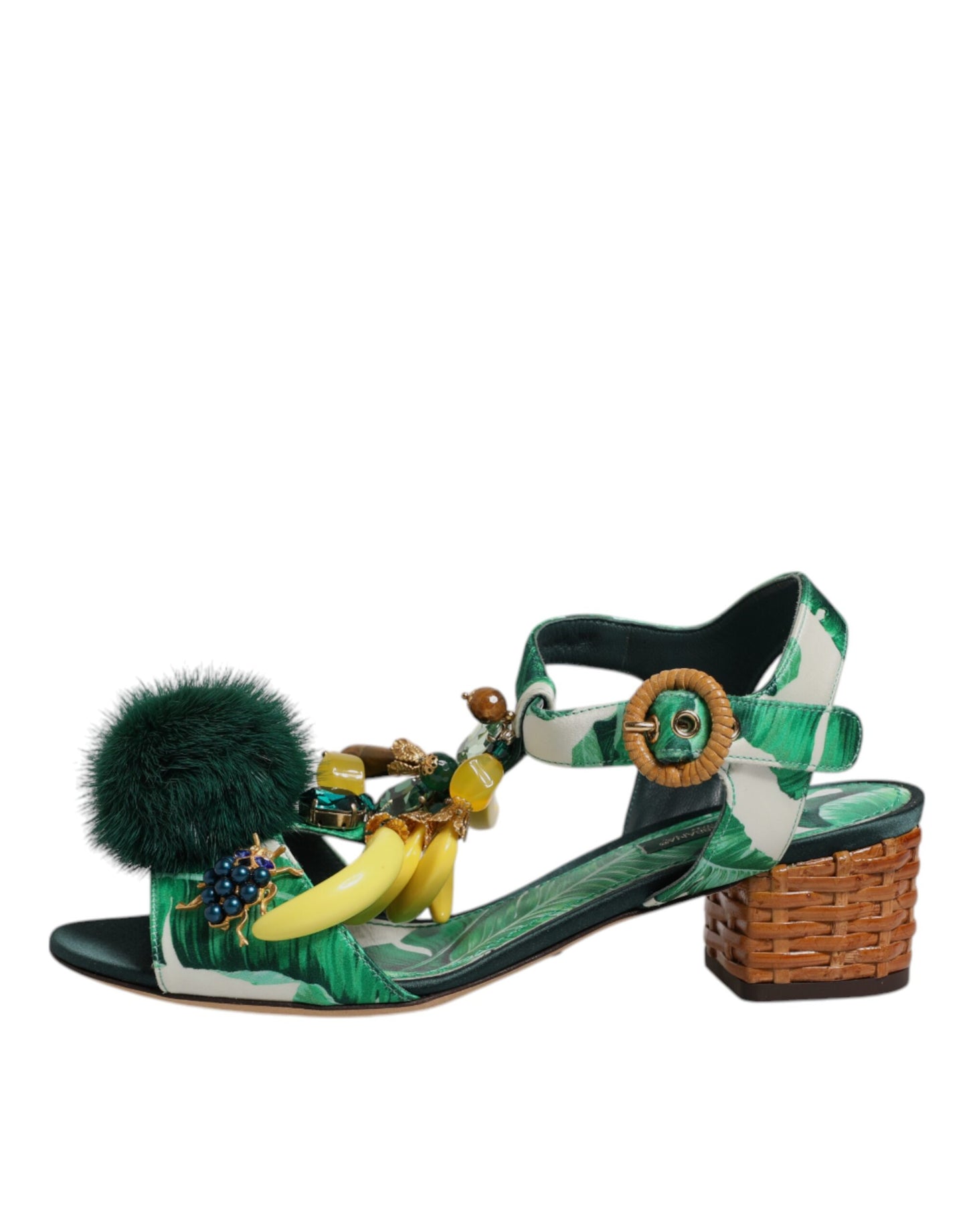 Sandales Dolce & Gabbana ornées de fourrure et de cristaux verts
