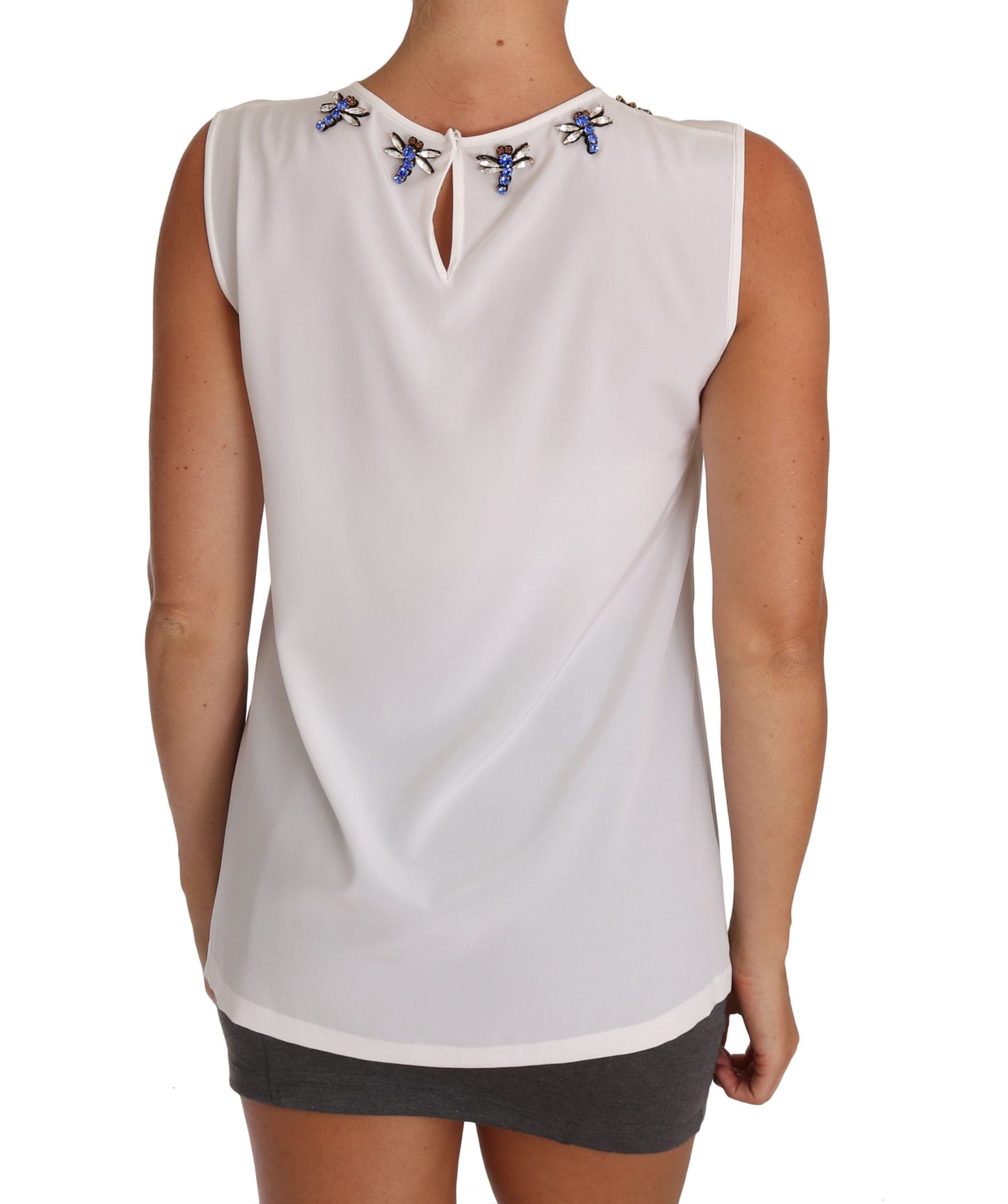 Dolce & Gabbana – Weißes Seiden-T-Shirt mit Kristallverzierung