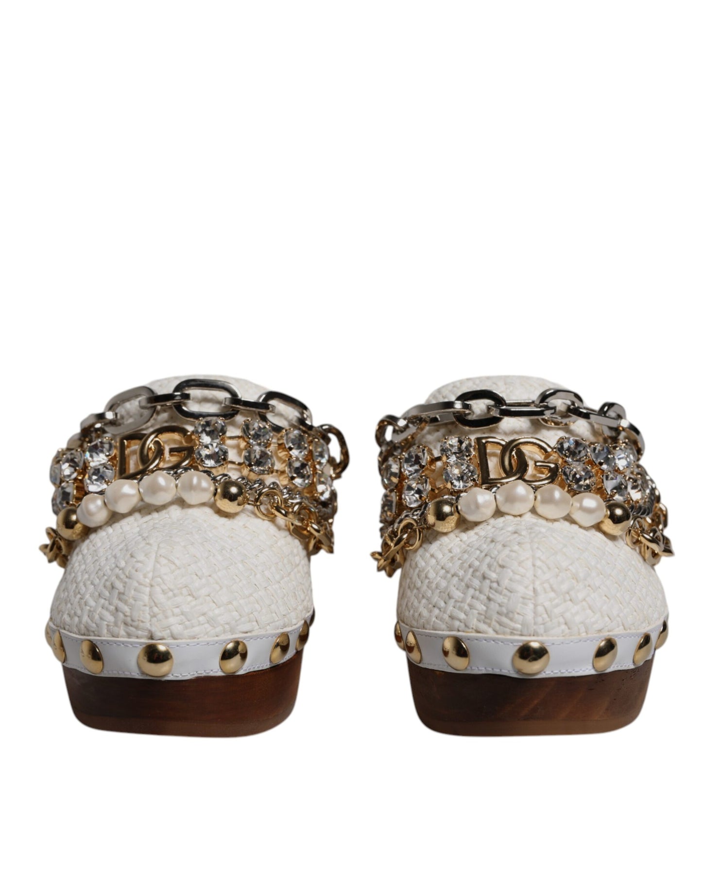 Dolce & Gabbana Weiße Raffia Clogs mit Schmucksteinen und Kette Sandalen Schuhe
