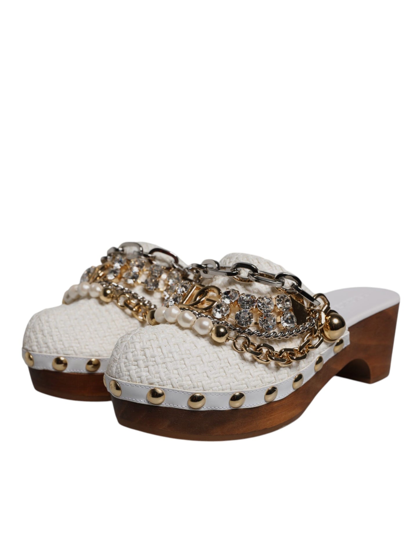 Dolce & Gabbana Weiße Raffia Clogs mit Schmucksteinen und Kette Sandalen Schuhe