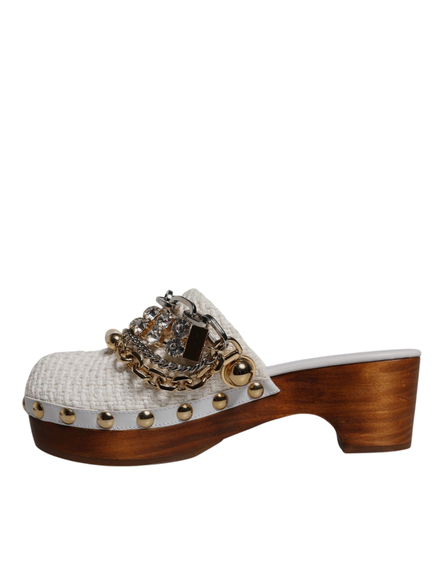 Dolce & Gabbana Weiße Raffia Clogs mit Schmucksteinen und Kette Sandalen Schuhe