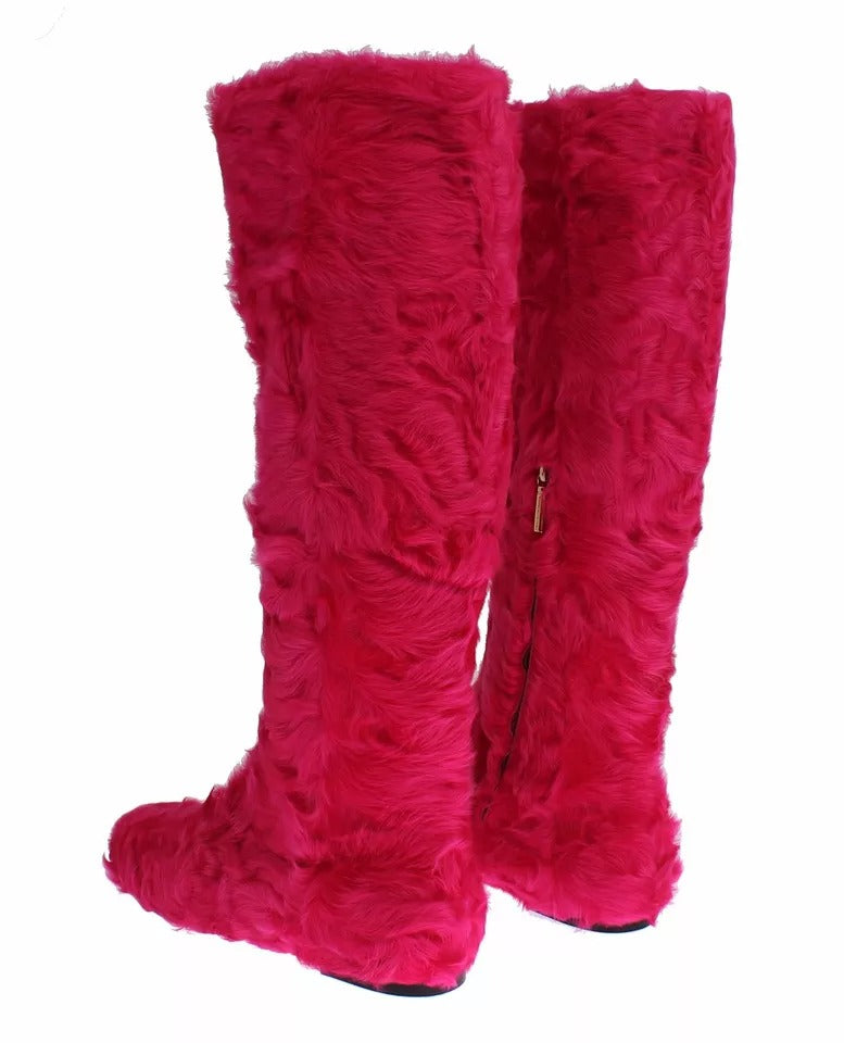 Bottes plates en cuir et fourrure d'agneau rose Dolce & Gabbana