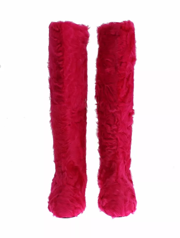 Bottes plates en cuir et fourrure d'agneau rose Dolce & Gabbana