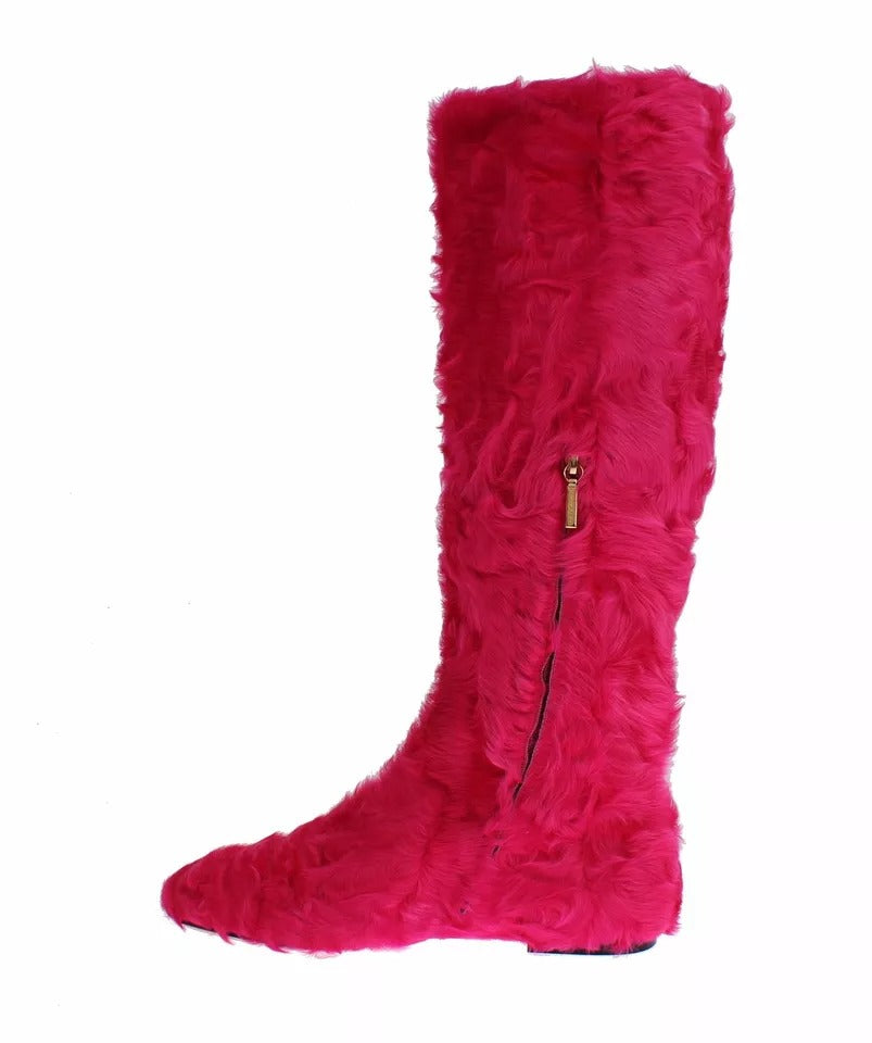 Bottes plates en cuir et fourrure d'agneau rose Dolce & Gabbana