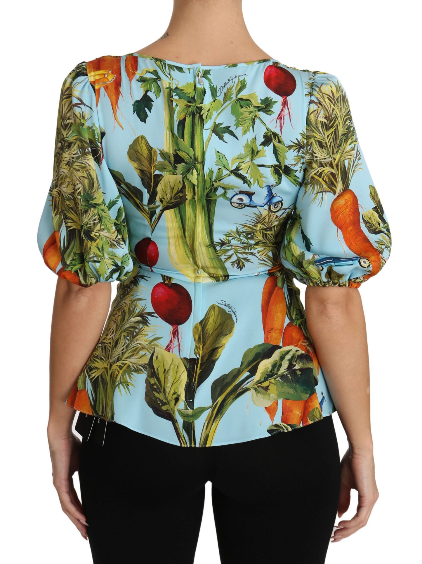 Dolce & Gabbana Multicolor Vegetable Print Silk Top Peplum Wrap Blouse