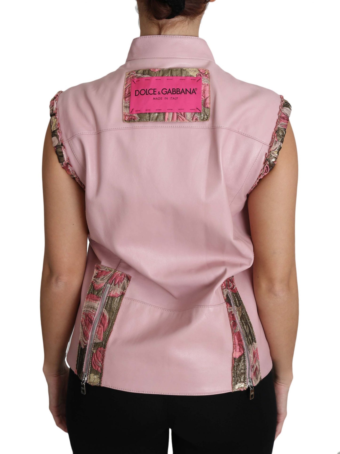 Dolce & Gabbana Veste sans manches en cuir d'agneau rose à fermeture éclair