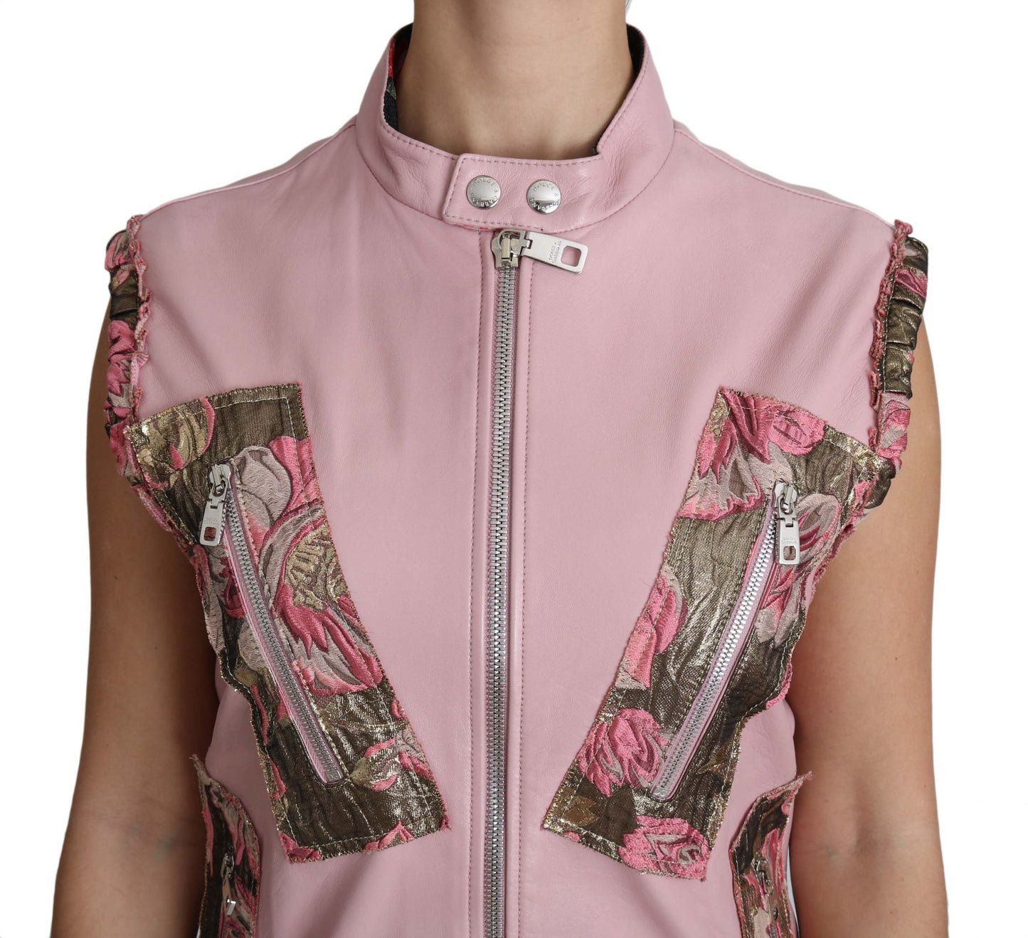 Dolce & Gabbana Veste sans manches en cuir d'agneau rose à fermeture éclair