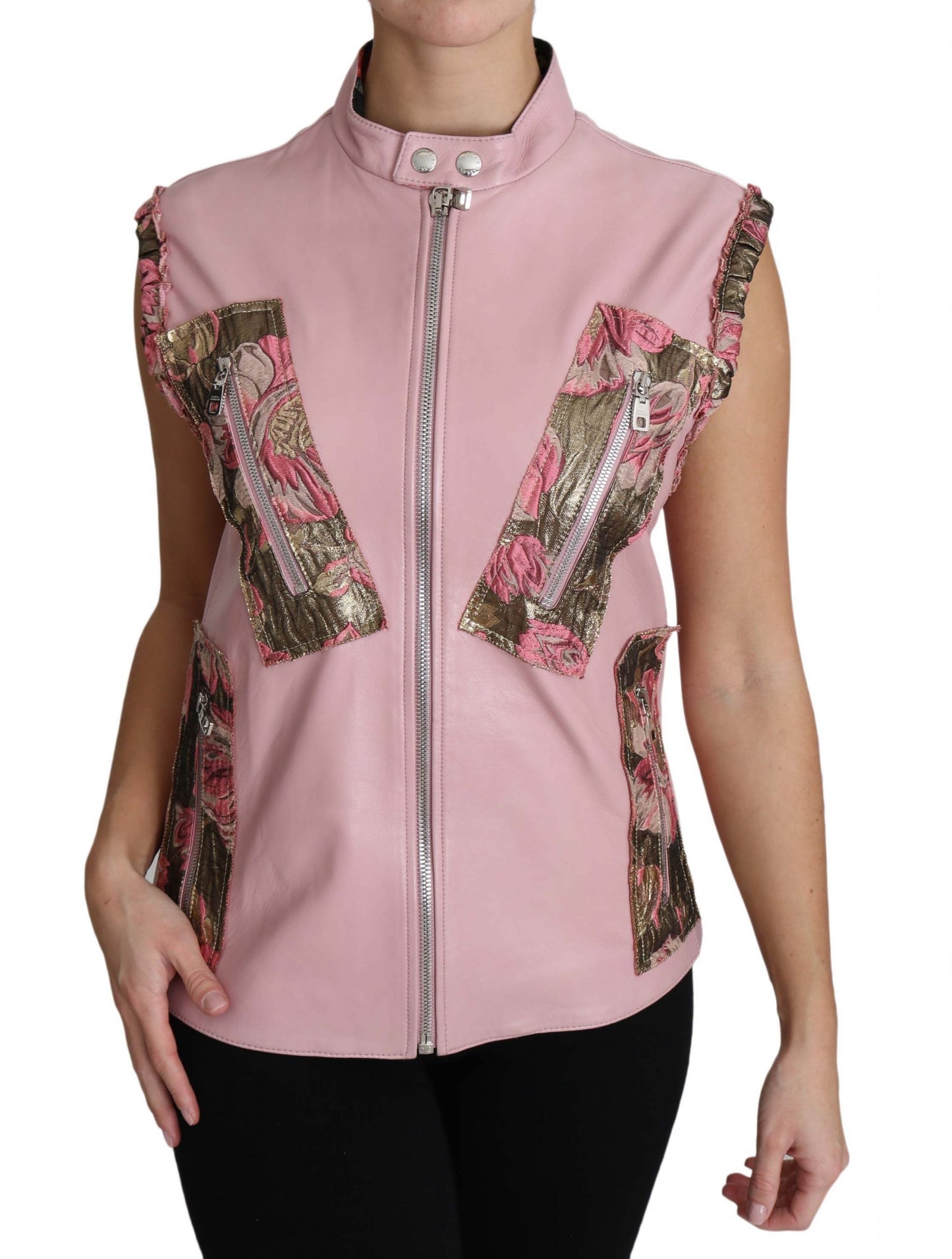 Dolce & Gabbana Veste sans manches en cuir d'agneau rose à fermeture éclair