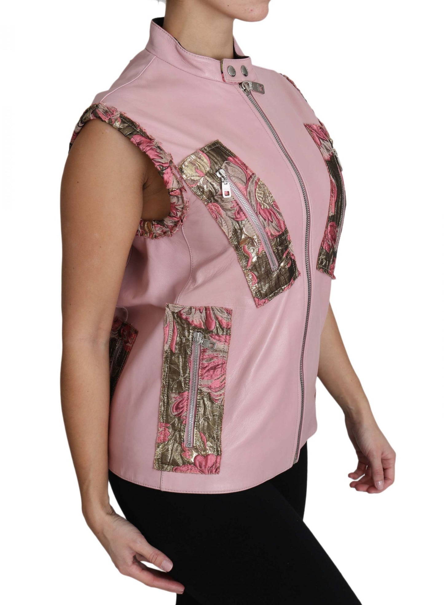 Dolce & Gabbana Veste sans manches en cuir d'agneau rose à fermeture éclair