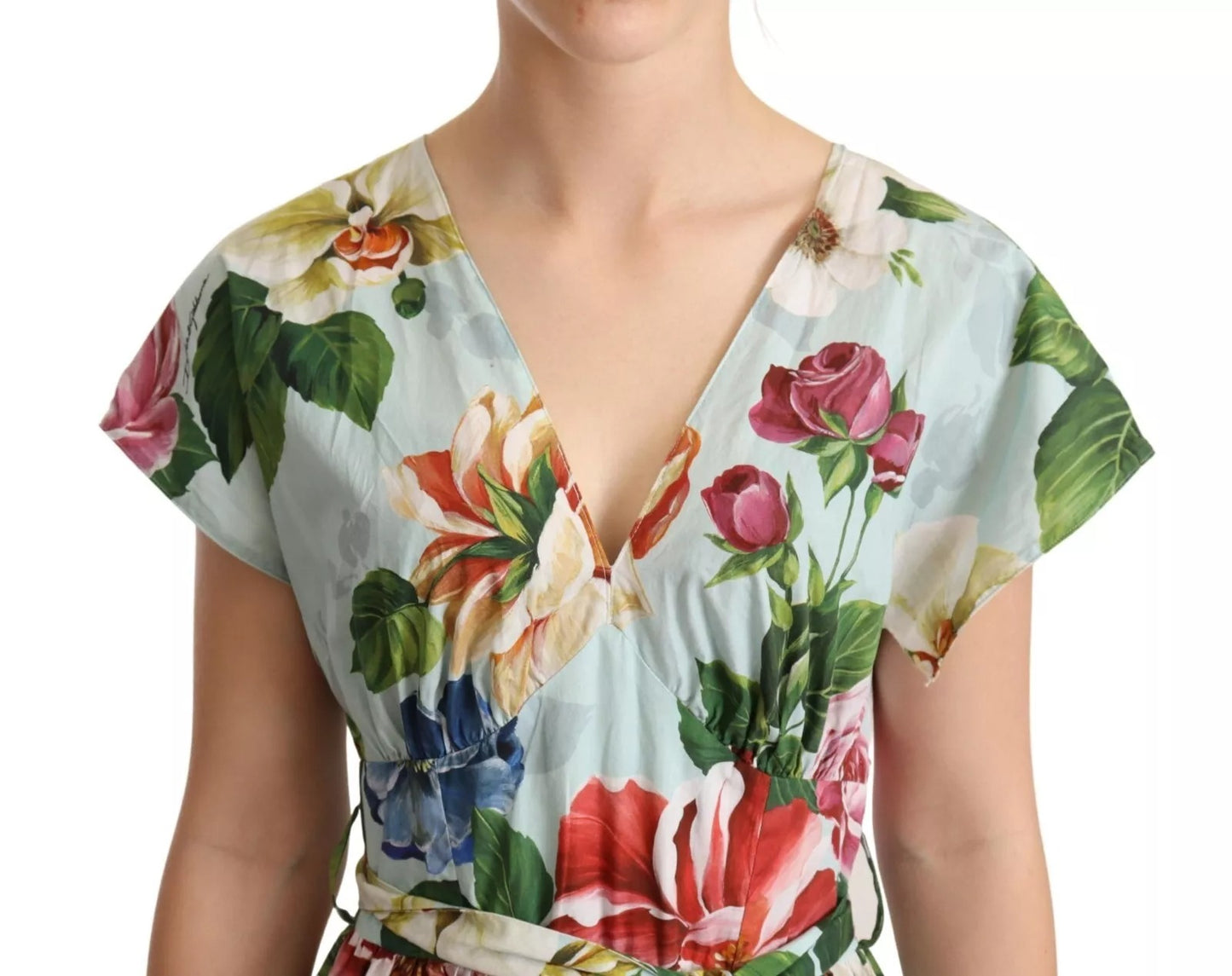 Robe à col en V en coton à manches courtes et imprimé floral vert Dolce & Gabbana