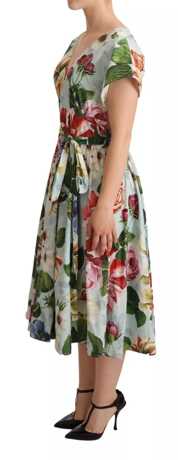 Robe à col en V en coton à manches courtes et imprimé floral vert Dolce & Gabbana