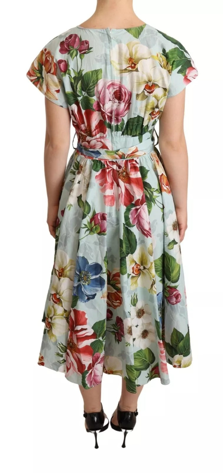 Robe à col en V en coton à manches courtes et imprimé floral vert Dolce & Gabbana