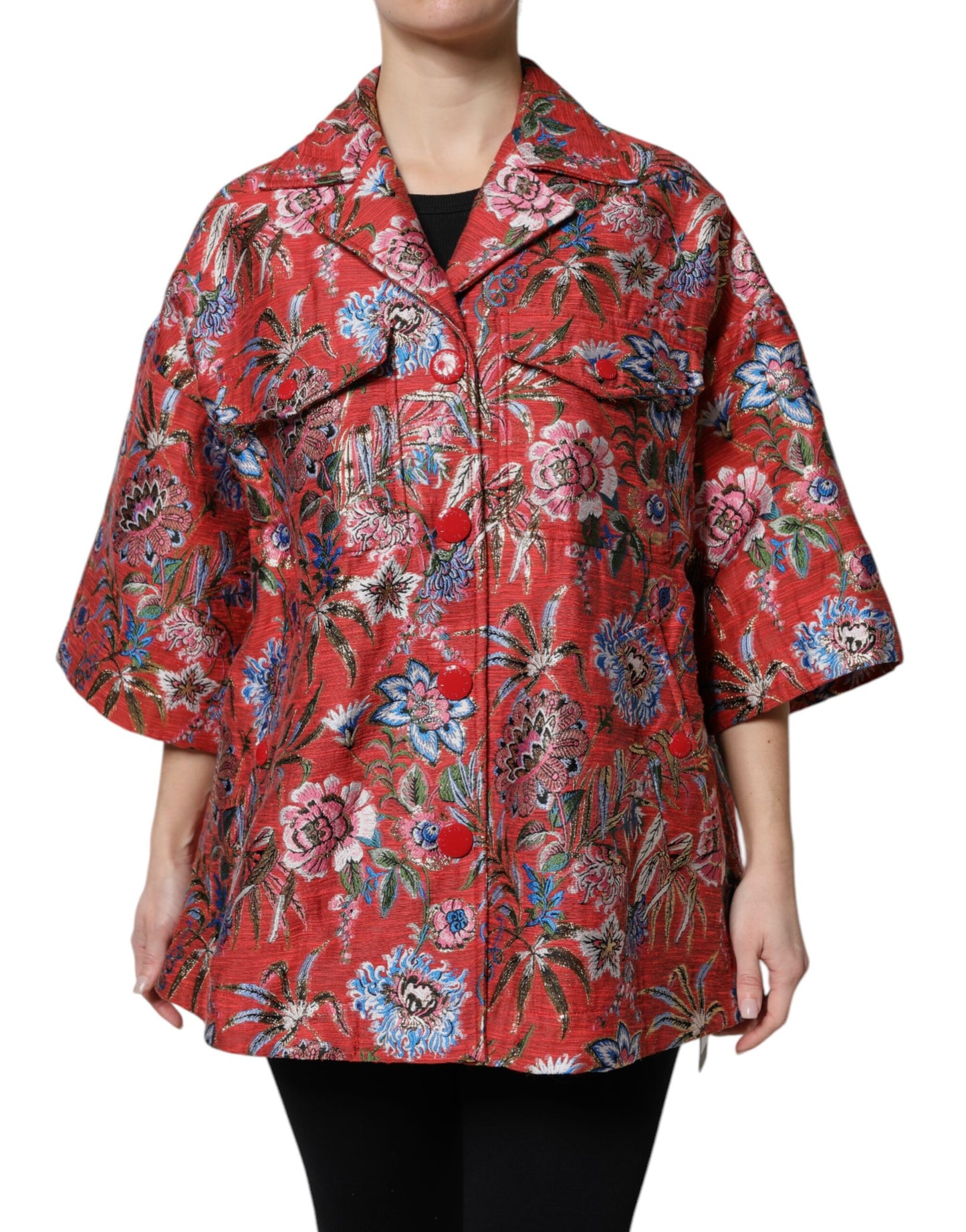 Dolce & Gabbana – Rote Jacquard-Manteljacke mit Knopfleiste und Blumenmuster
