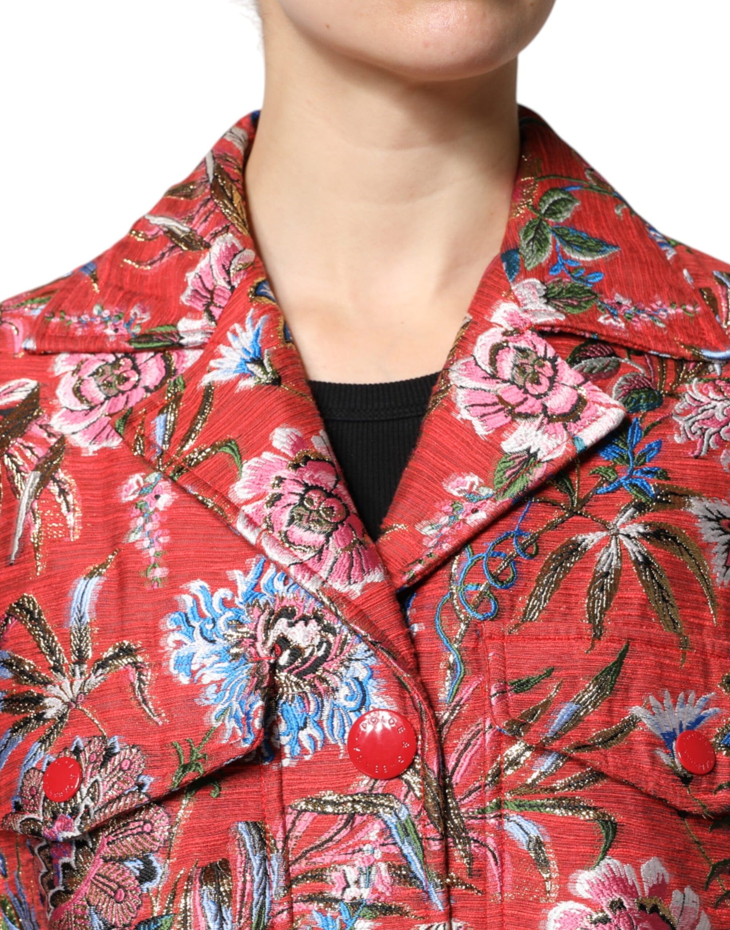 Dolce & Gabbana – Rote Jacquard-Manteljacke mit Knopfleiste und Blumenmuster