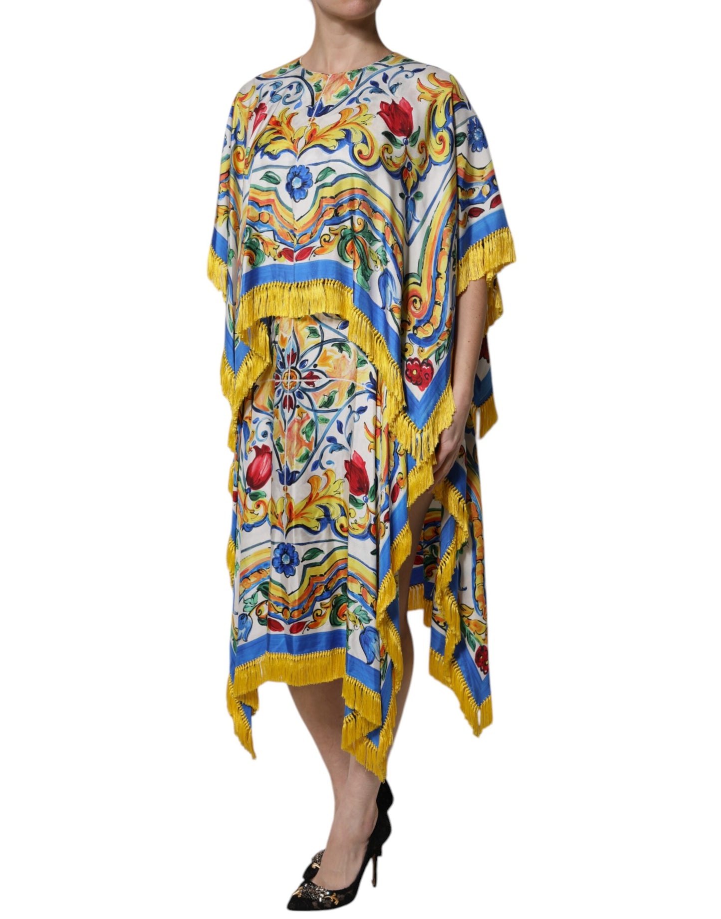 Robe longue caftan à manches courtes en majolique multicolore Dolce & Gabbana