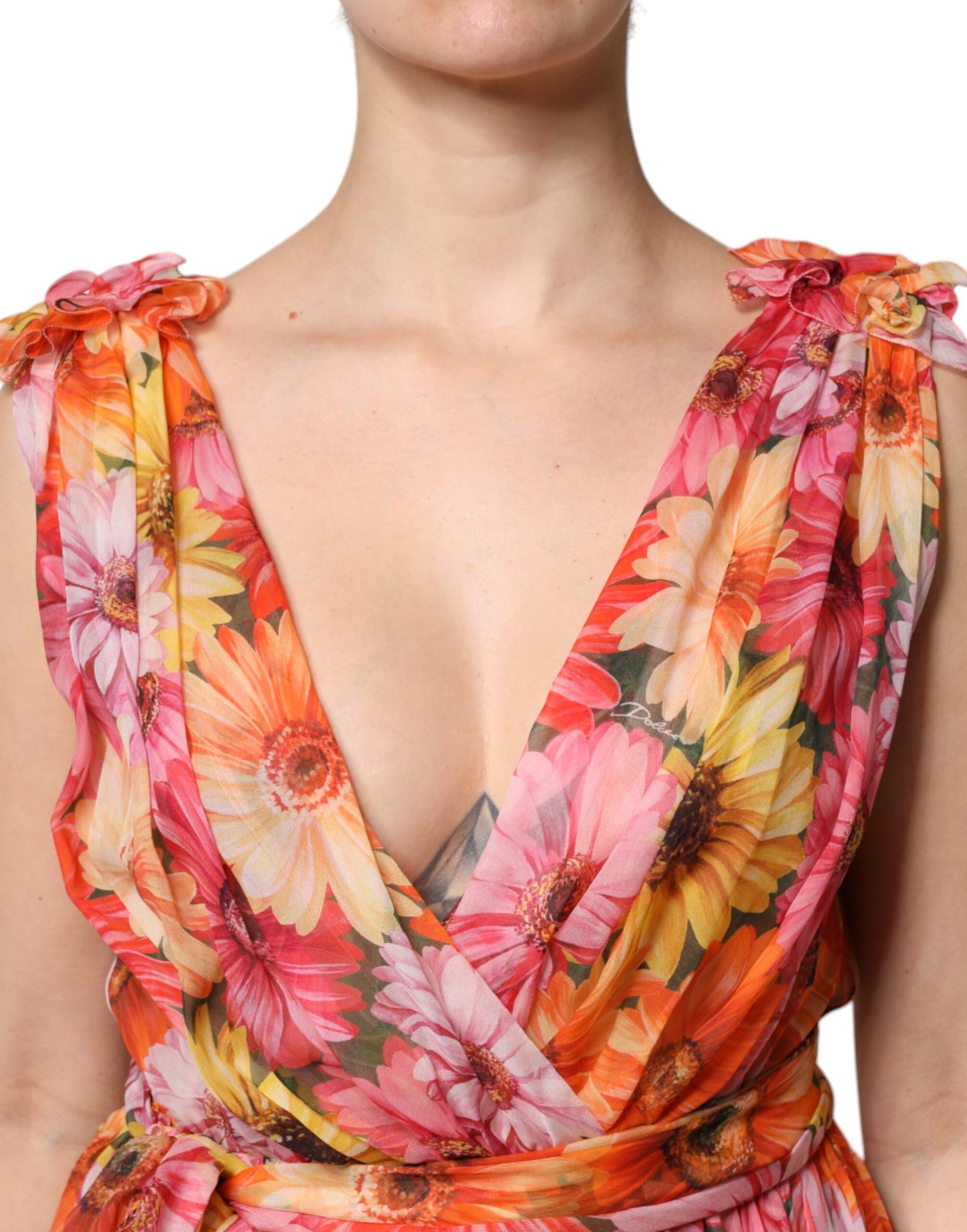 Dolce & Gabbana Multicolor Floral Silk V-neck Chiffon Dress