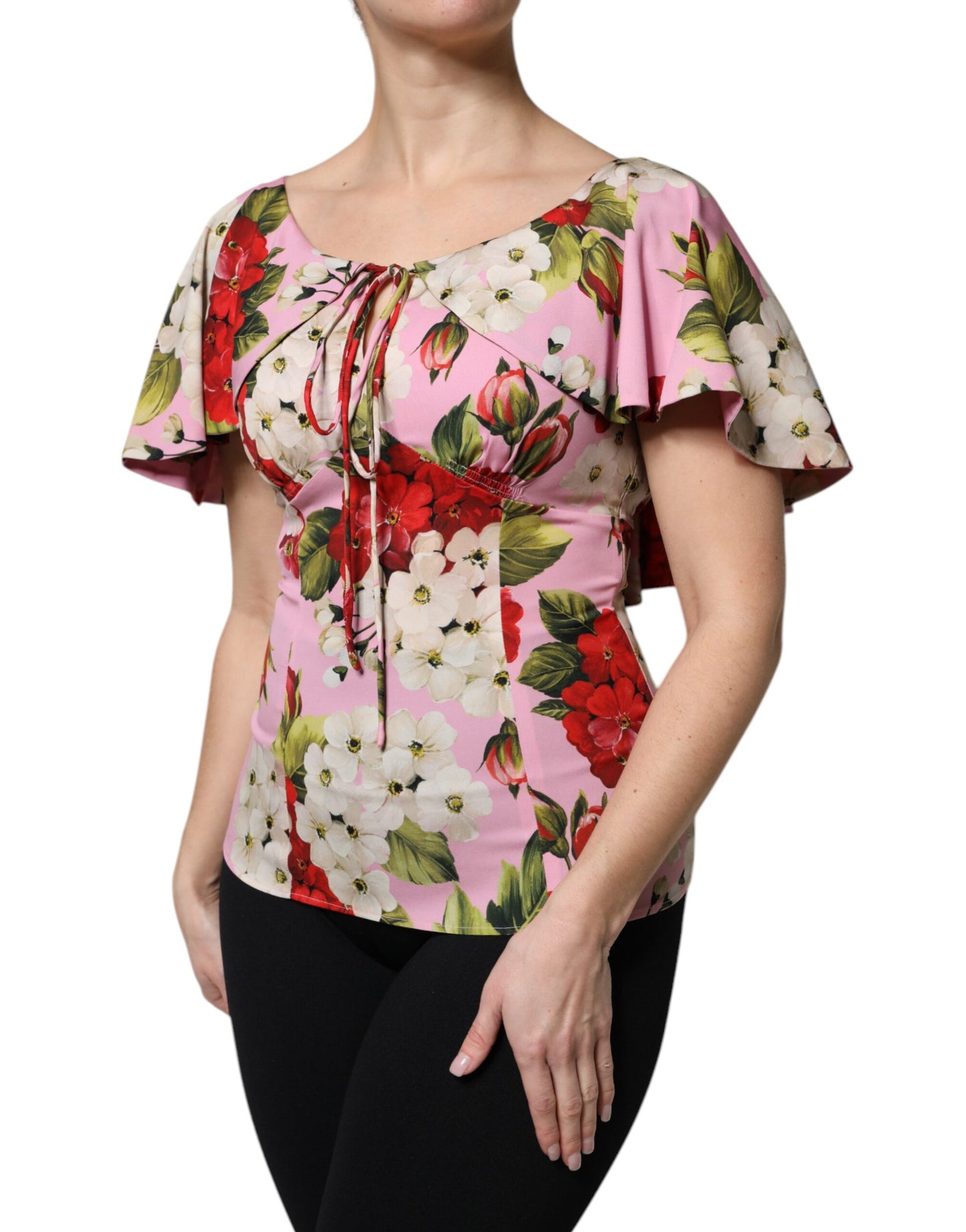 Dolce & Gabbana – Kurzärmliges Blusenoberteil aus Seide mit Blumenmuster in Rosa