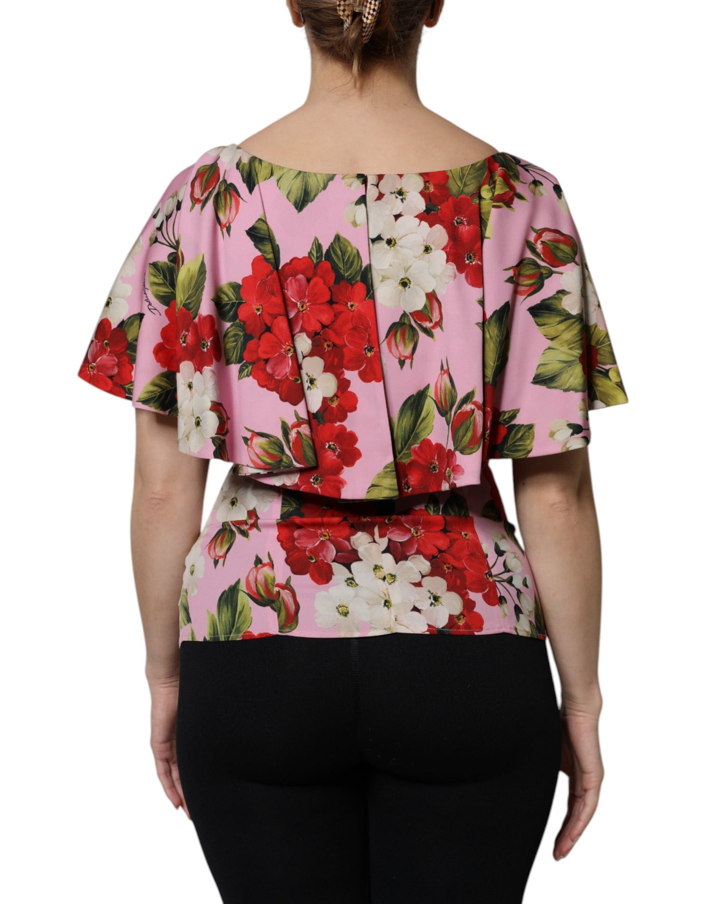 Dolce & Gabbana – Kurzärmliges Blusenoberteil aus Seide mit Blumenmuster in Rosa