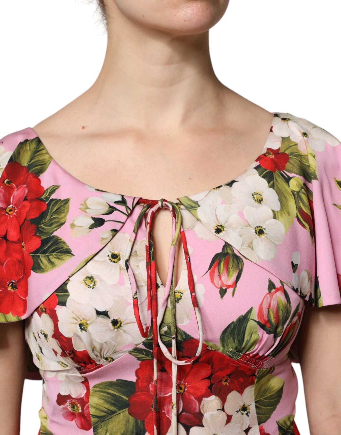 Dolce & Gabbana – Kurzärmliges Blusenoberteil aus Seide mit Blumenmuster in Rosa