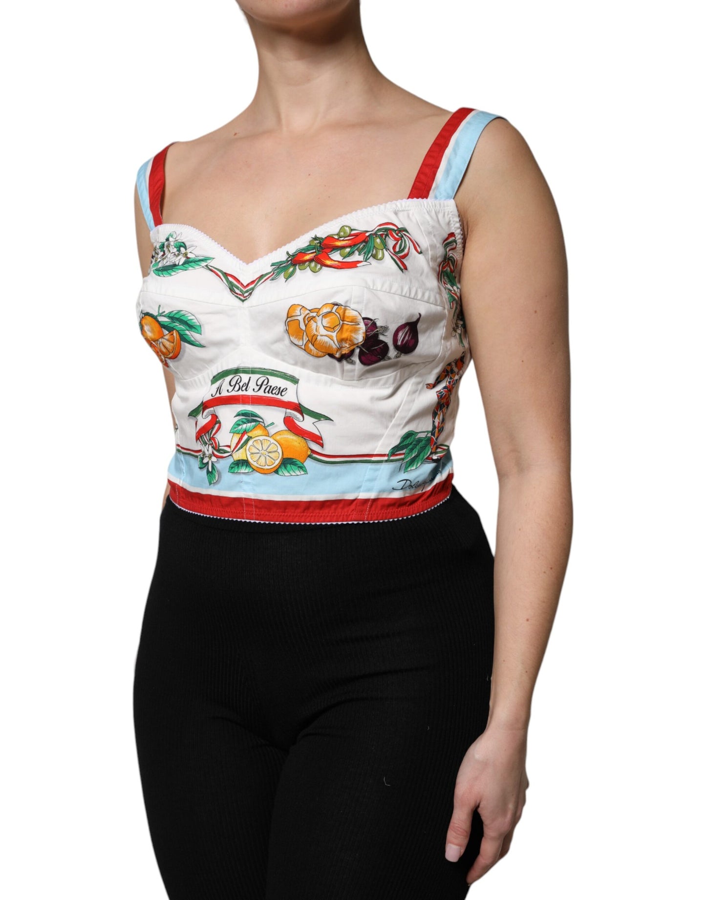 Dolce & Gabbana – Kurzes Oberteil mit Sweetheart-Ausschnitt und Gemüseprint in Weiß