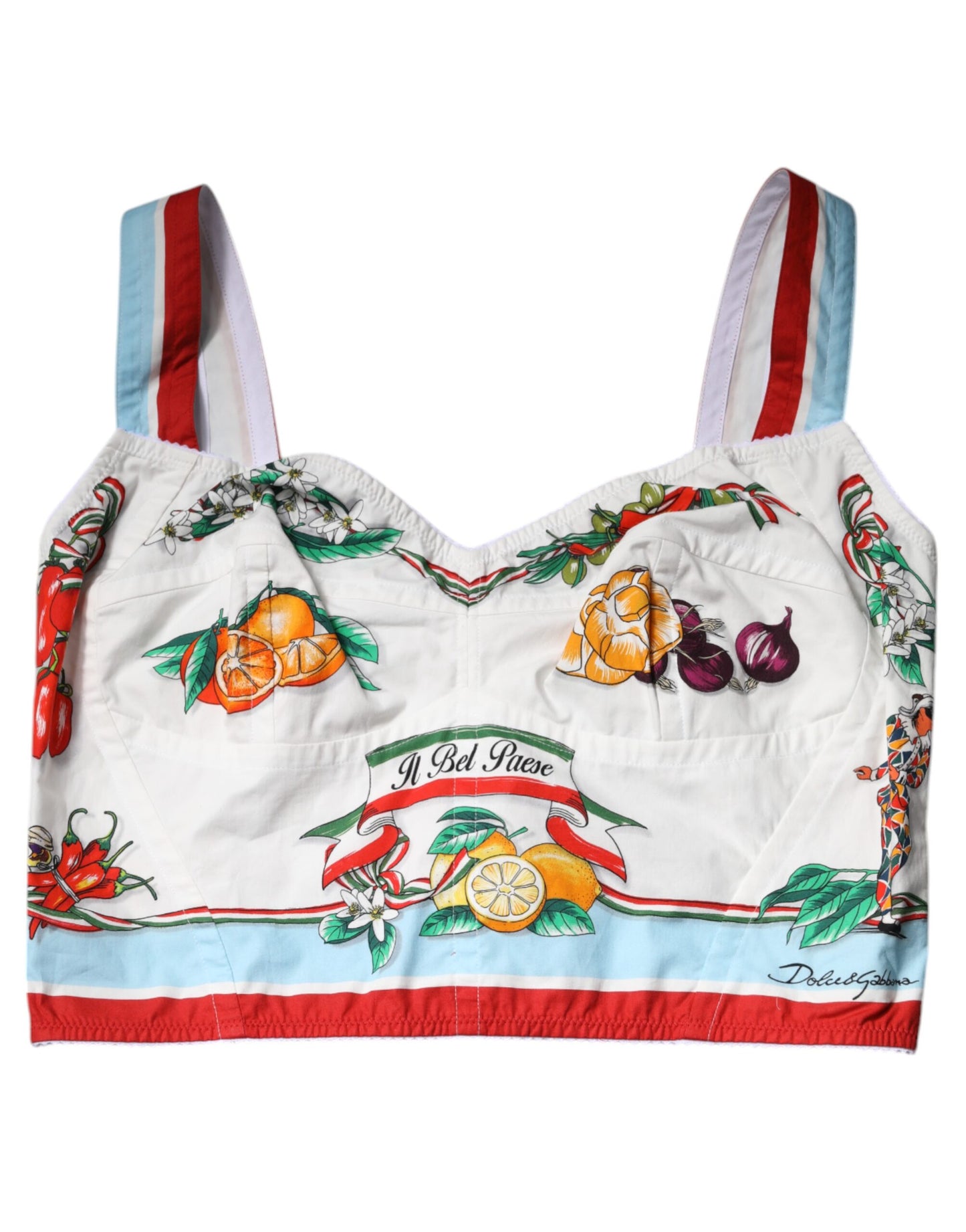 Dolce & Gabbana – Kurzes Oberteil mit Sweetheart-Ausschnitt und Gemüseprint in Weiß