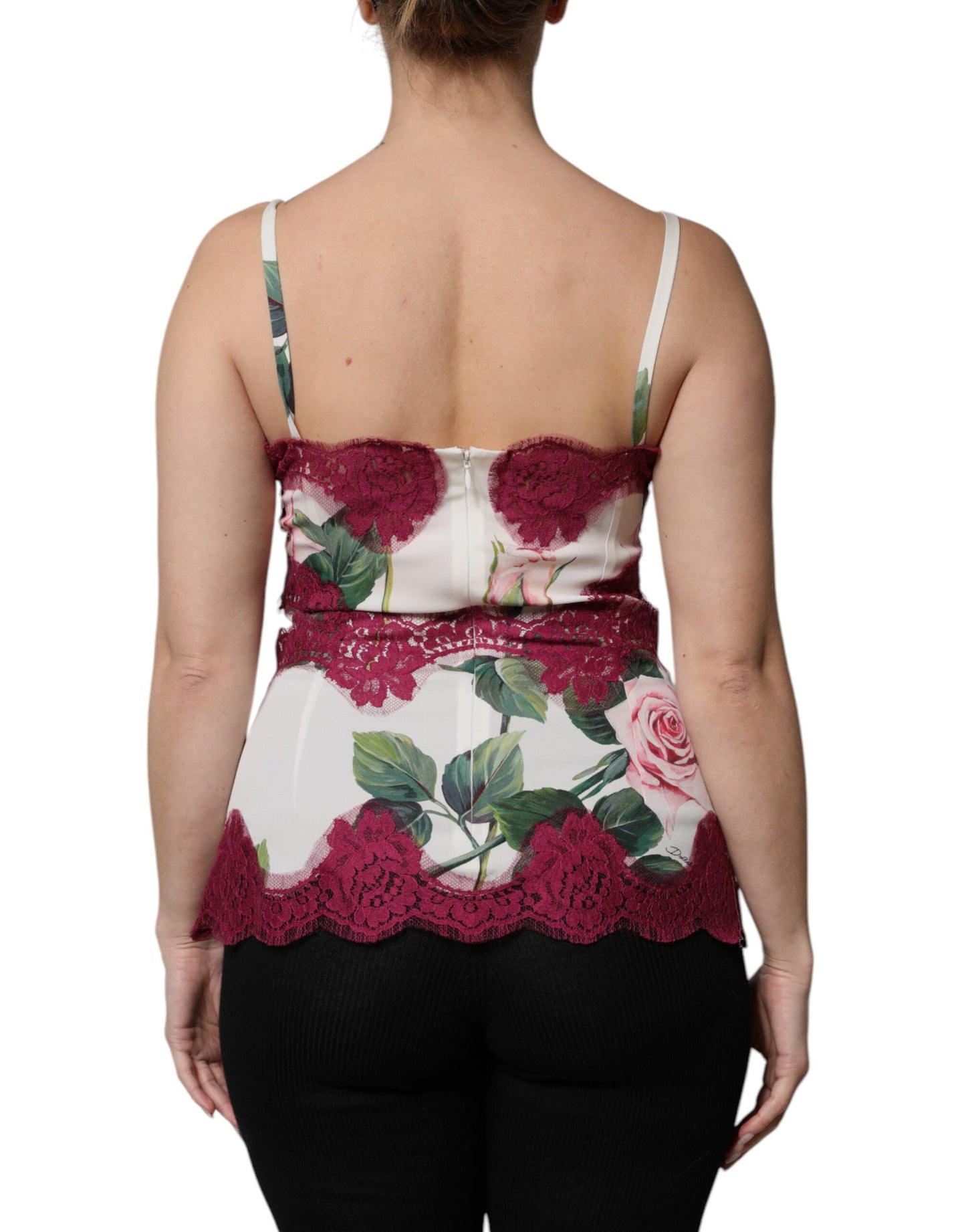 Dolce & Gabbana – Weißes Tanktop aus Satin und Spitze mit Rosenprint
