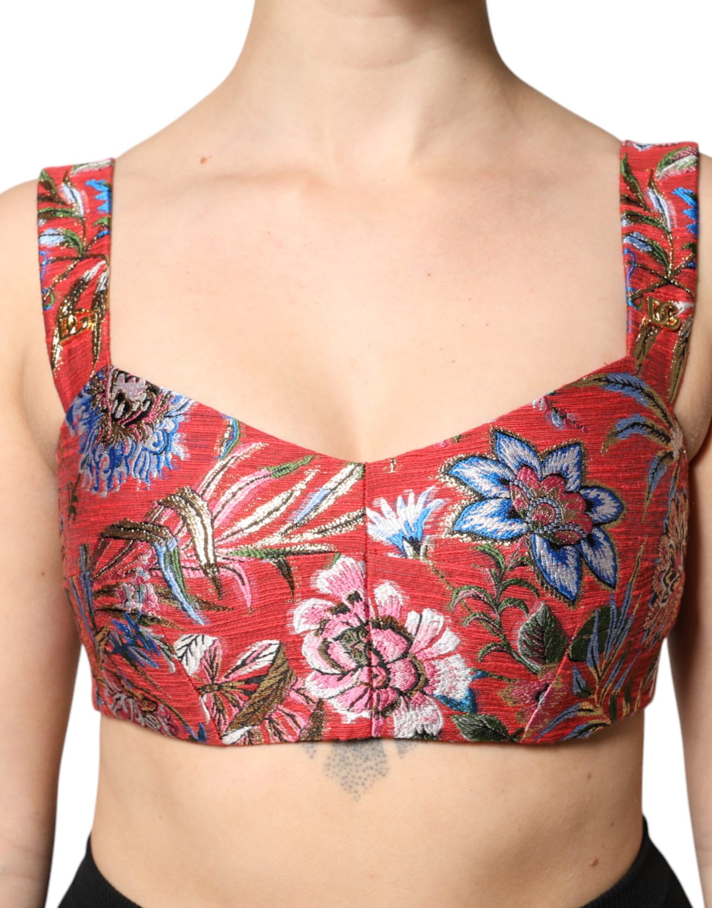 Dolce & Gabbana – Kurzes Bustier-Korsett-Oberteil aus rotem Brokat mit Blumenmuster