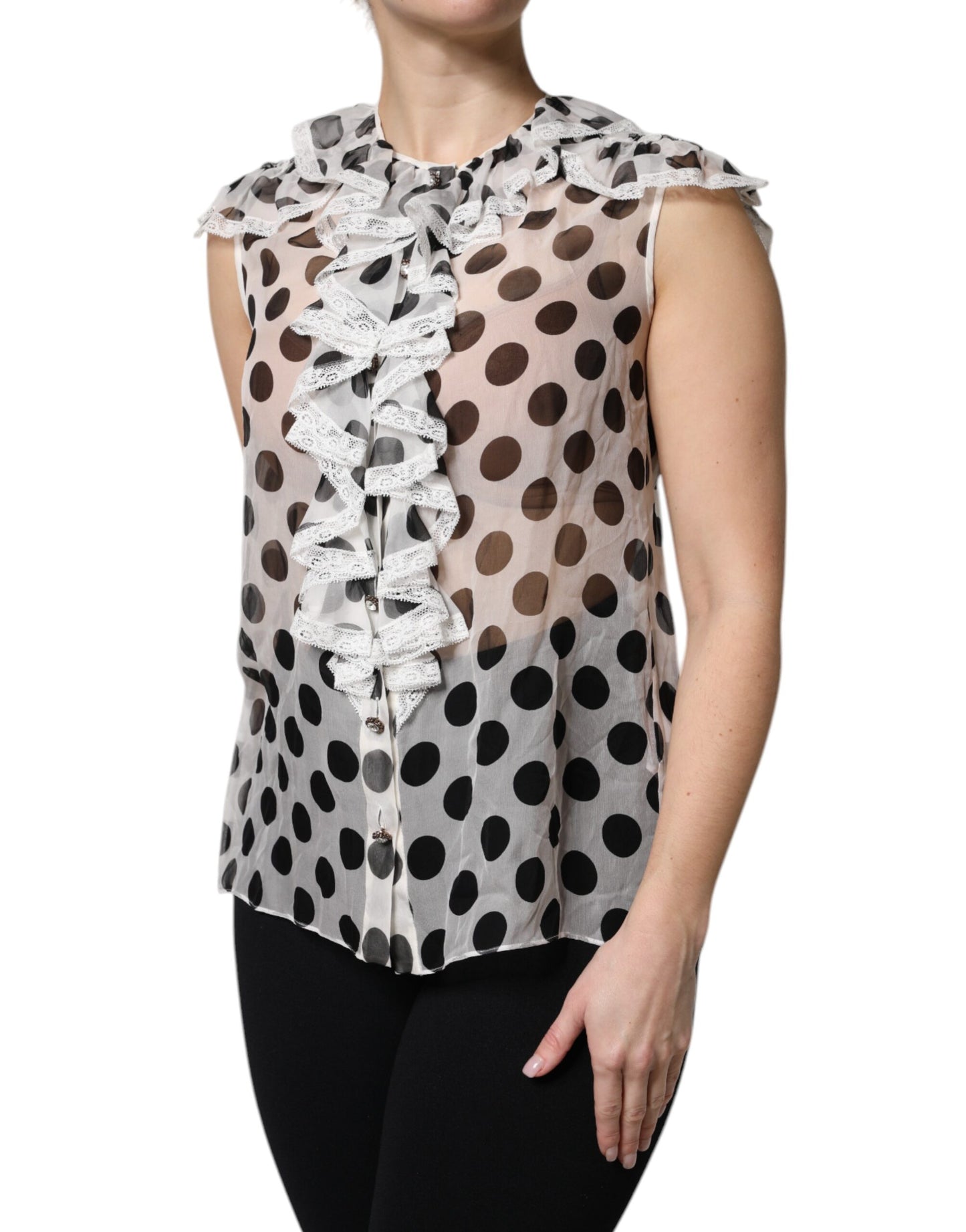 Dolce & Gabbana White Black Polka Dot Cotton Sleeveless Top