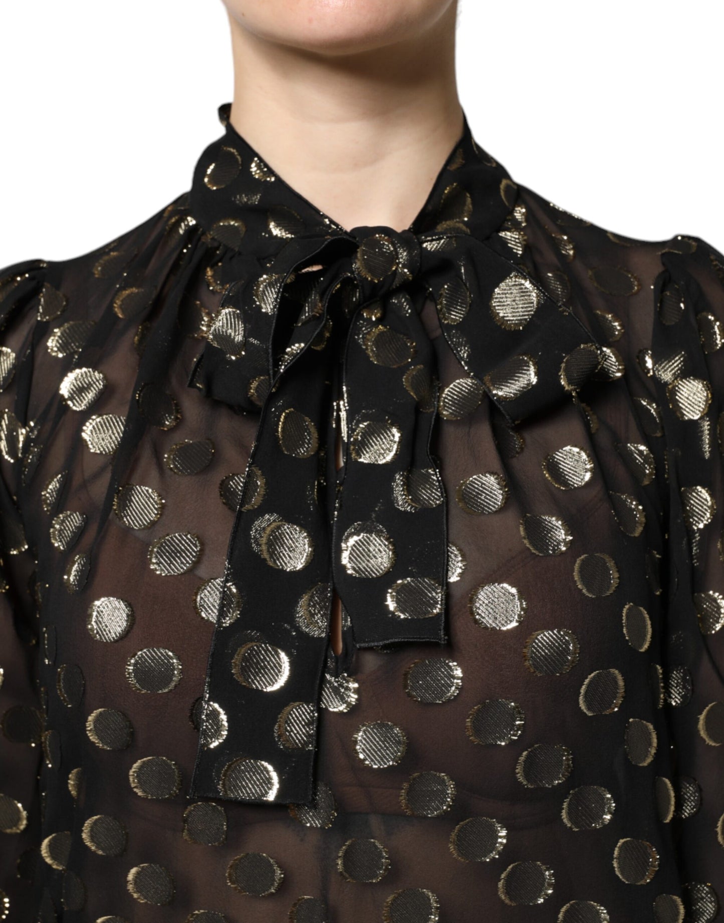 Dolce & Gabbana – Schwarzes, transparentes Blusenoberteil mit gebundenem Halsausschnitt und Punkten