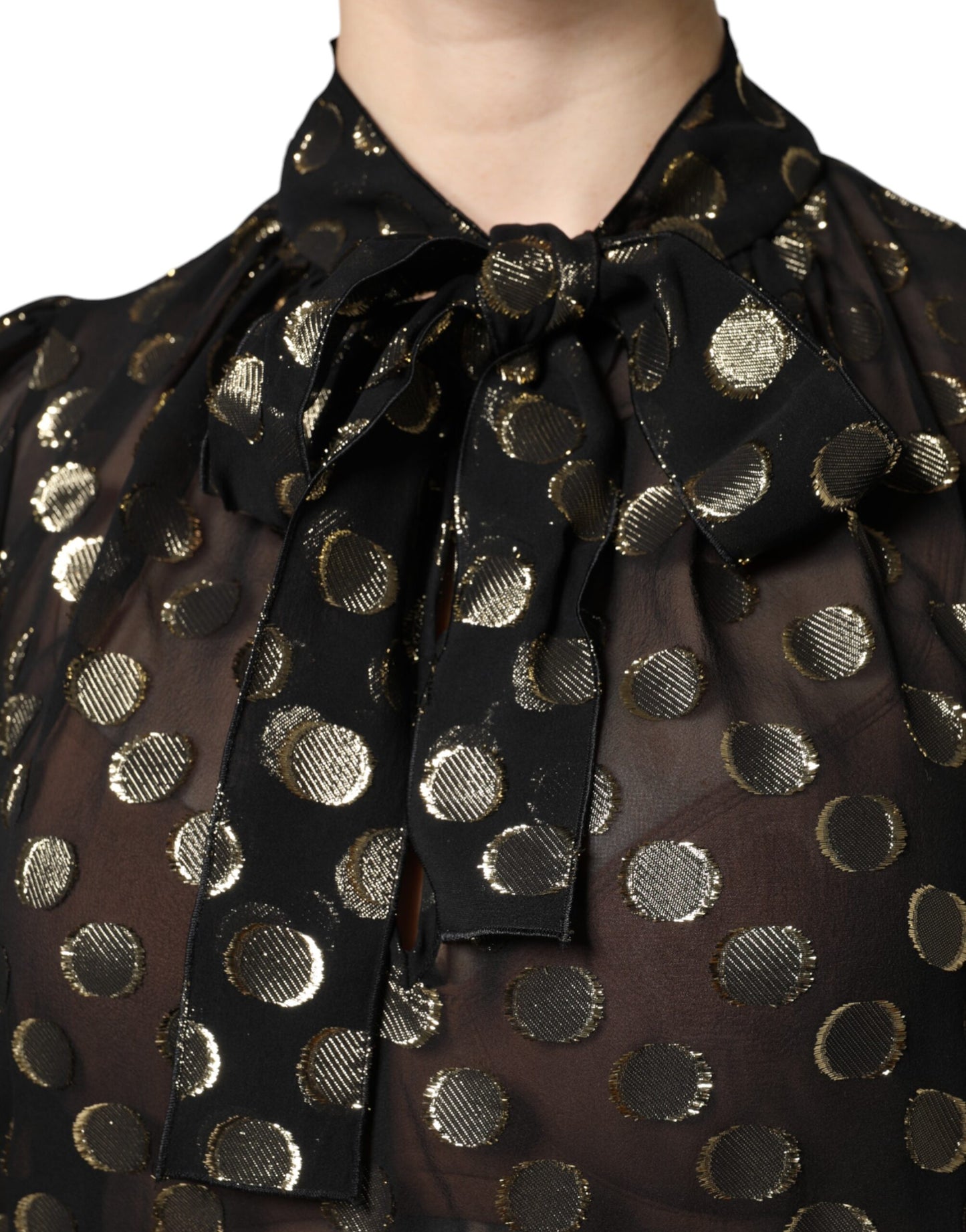 Dolce & Gabbana – Schwarzes, transparentes Blusenoberteil mit gebundenem Halsausschnitt und Punkten
