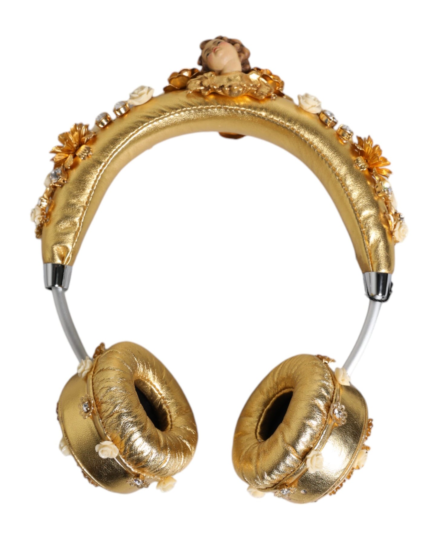 Casque audio Dolce & Gabbana en cuir doré avec motif floral et cristaux Angel