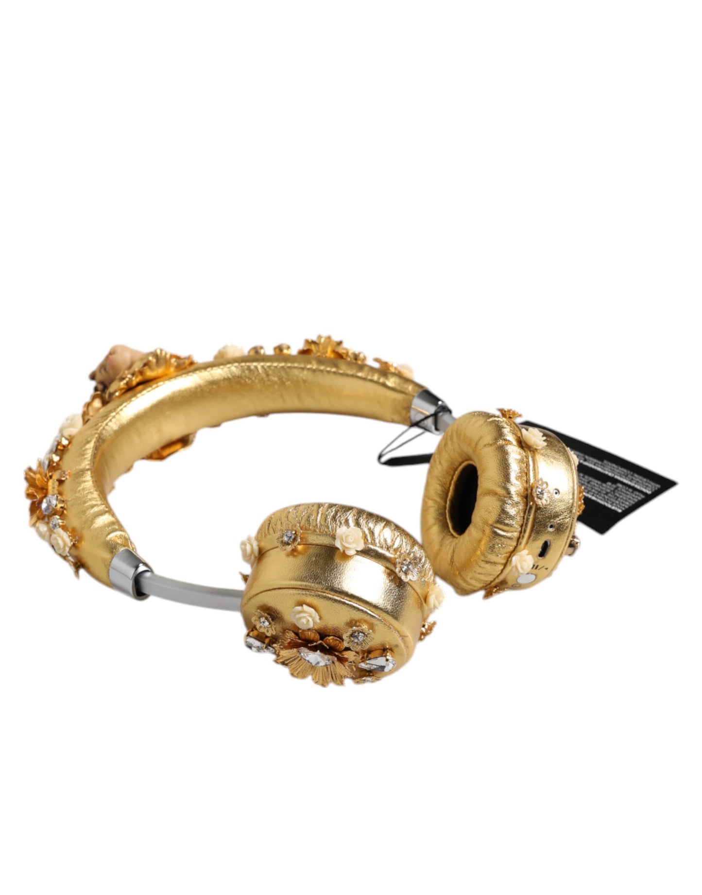 Casque audio Dolce & Gabbana en cuir doré avec motif floral et cristaux Angel