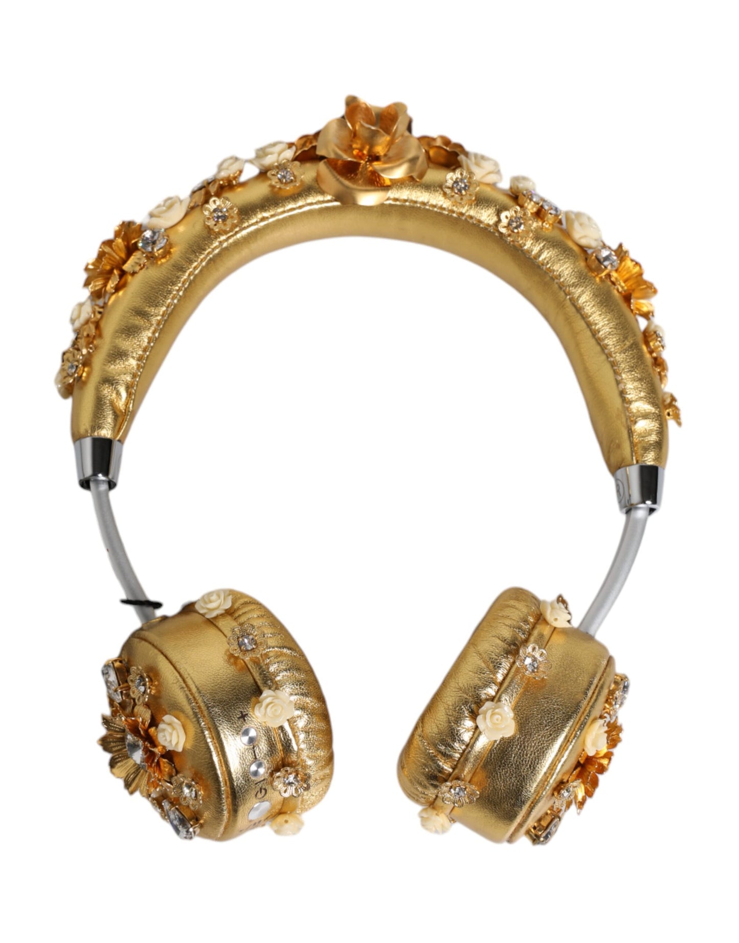 Casque audio Dolce & Gabbana en cuir doré avec motif floral et cristaux Angel