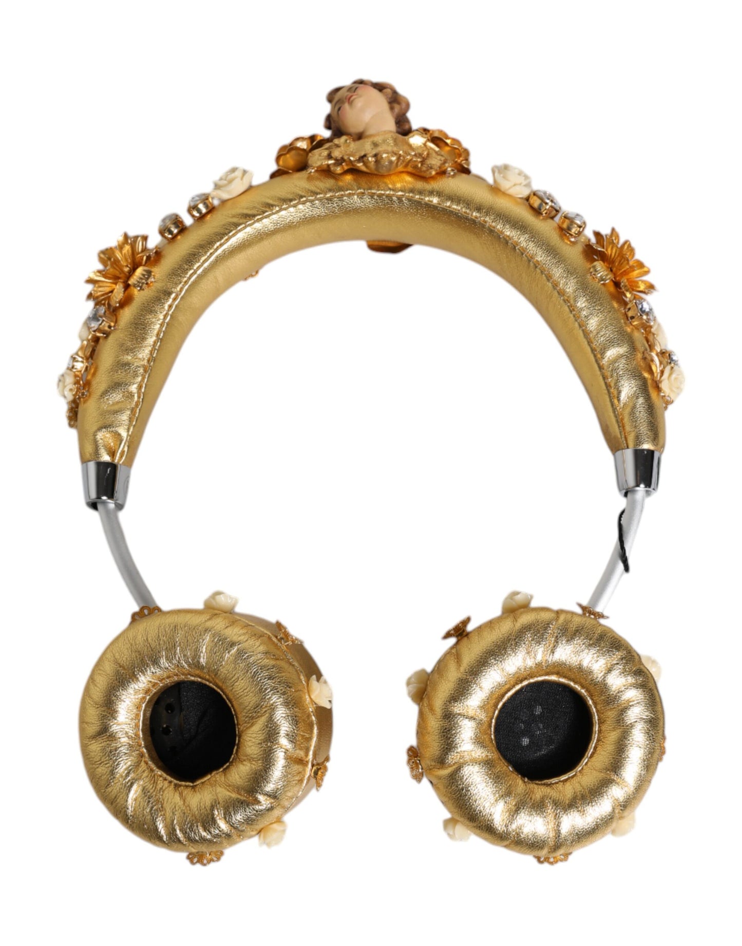 Casque audio Dolce & Gabbana en cuir doré avec motif floral et cristaux Angel
