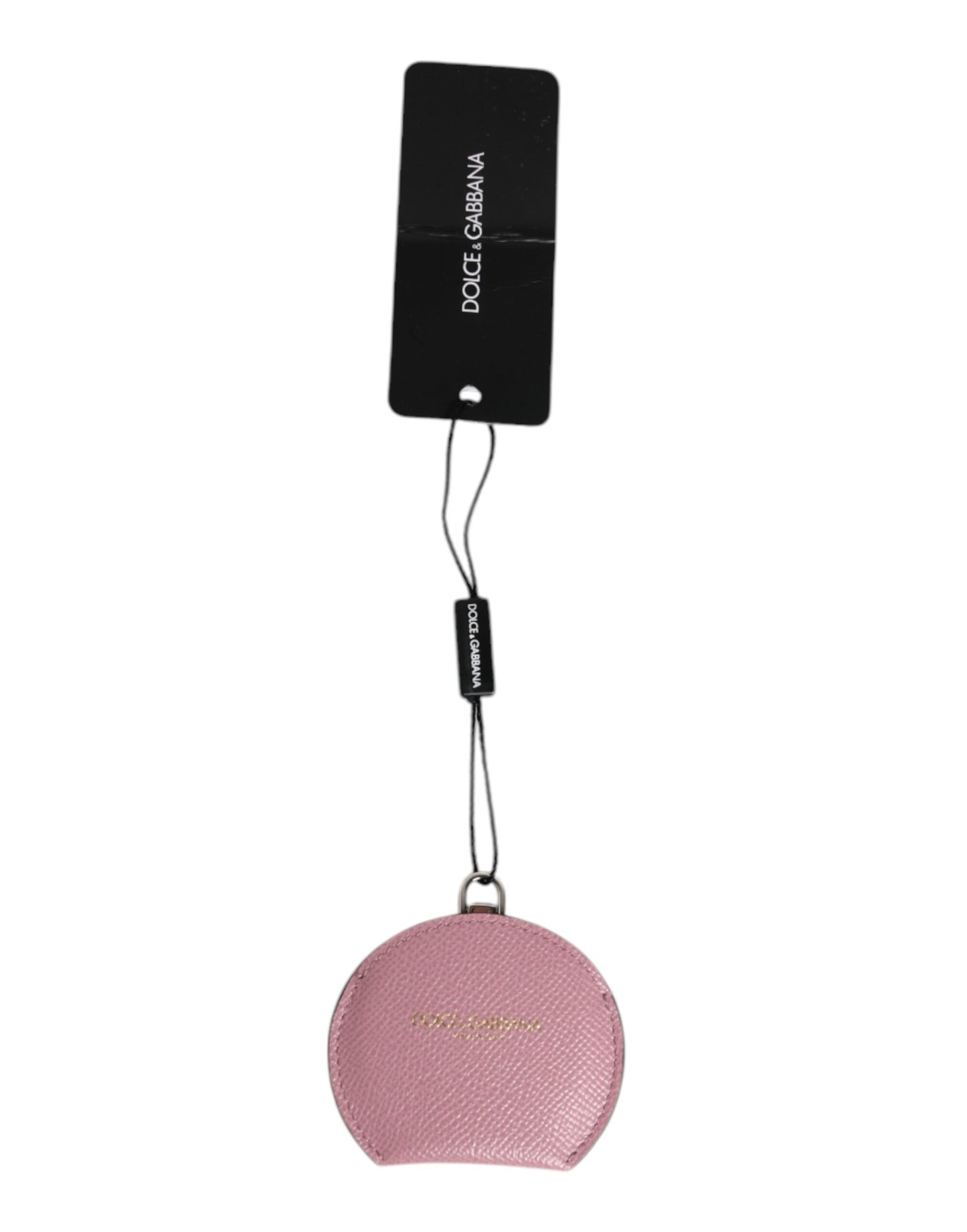Porte-miroir à main rond en cuir de veau rose Dolce & Gabbana avec logo