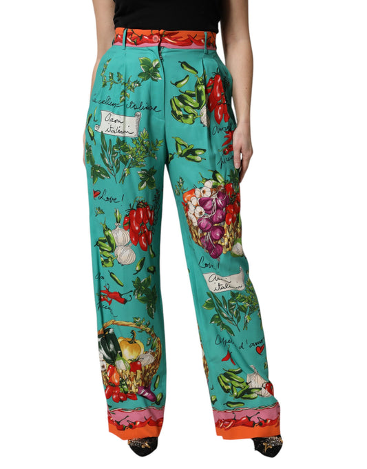 Pantalon droit imprimé en soie verte Dolce & Gabbana
