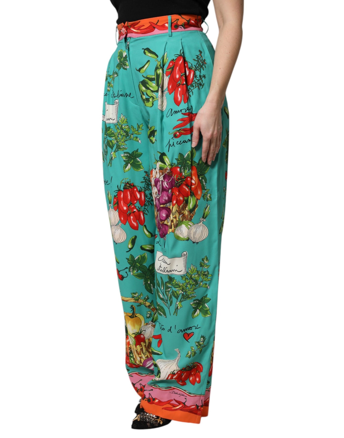 Pantalon droit imprimé en soie verte Dolce & Gabbana