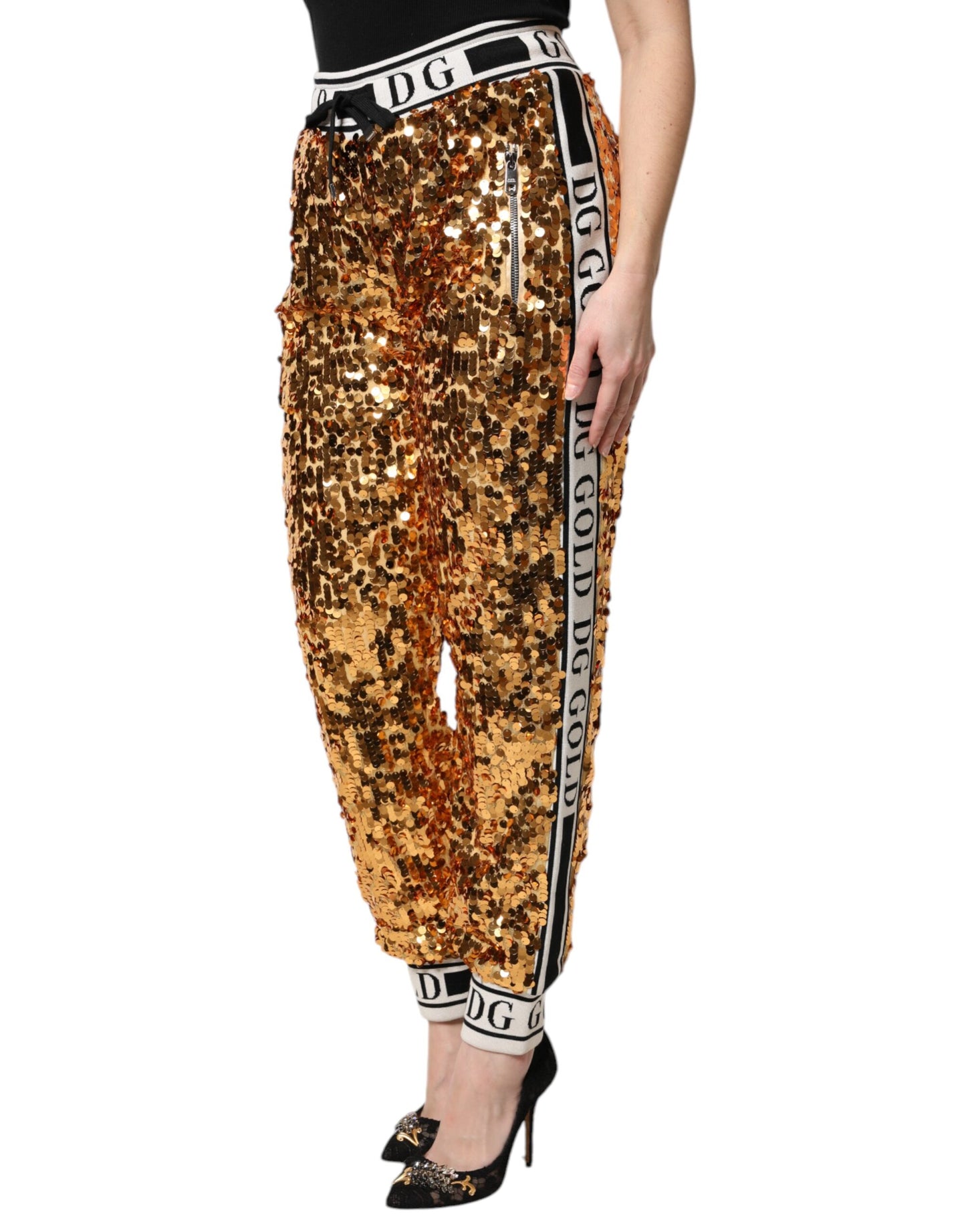 Pantalon de jogging à paillettes Dolce & Gabbana avec logo DG métallisé doré