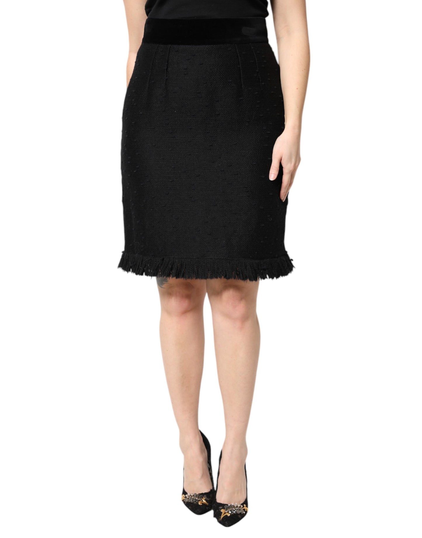 Mini-jupe crayon taille haute à franges en laine noire Dolce & Gabbana