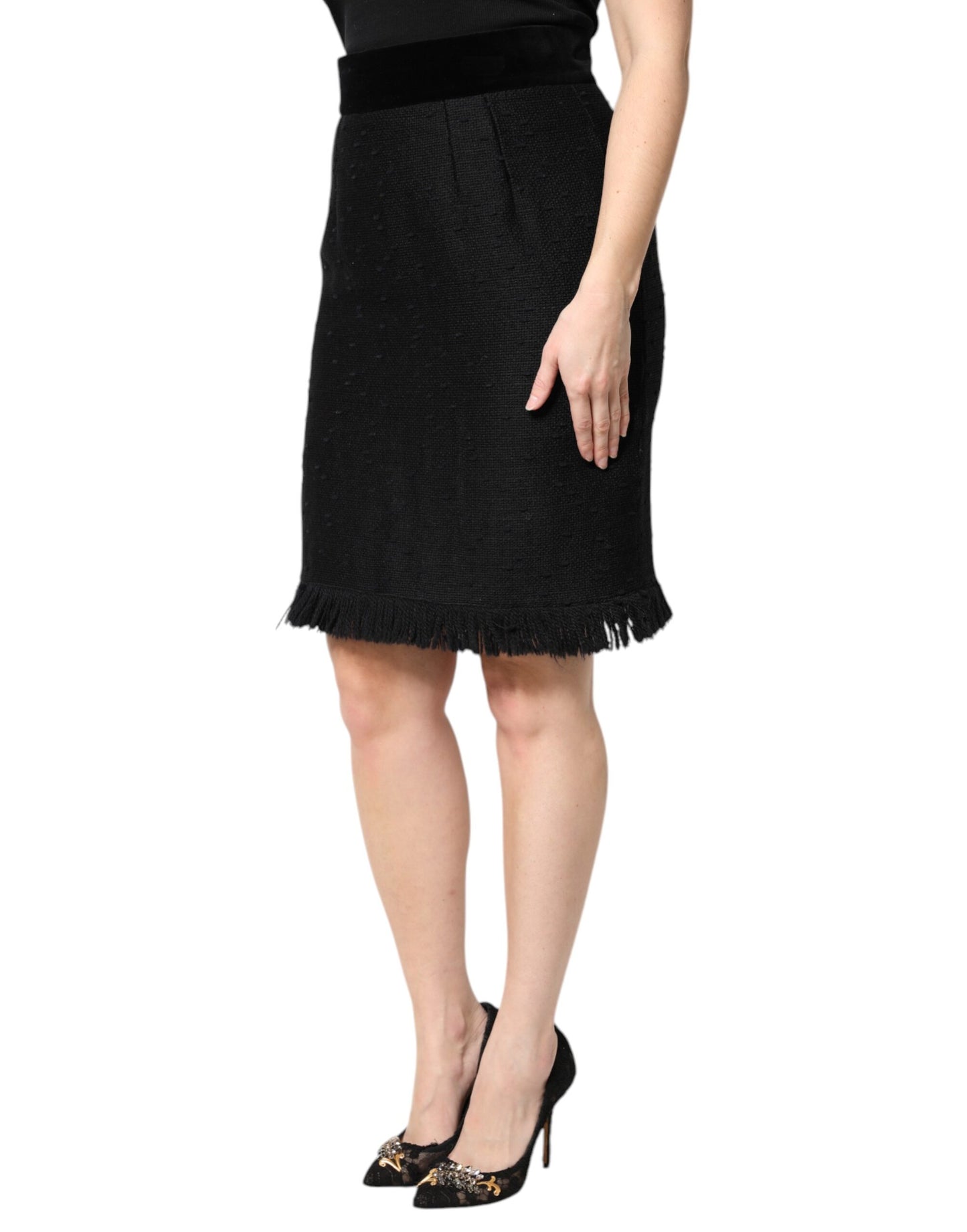 Mini-jupe crayon taille haute à franges en laine noire Dolce & Gabbana