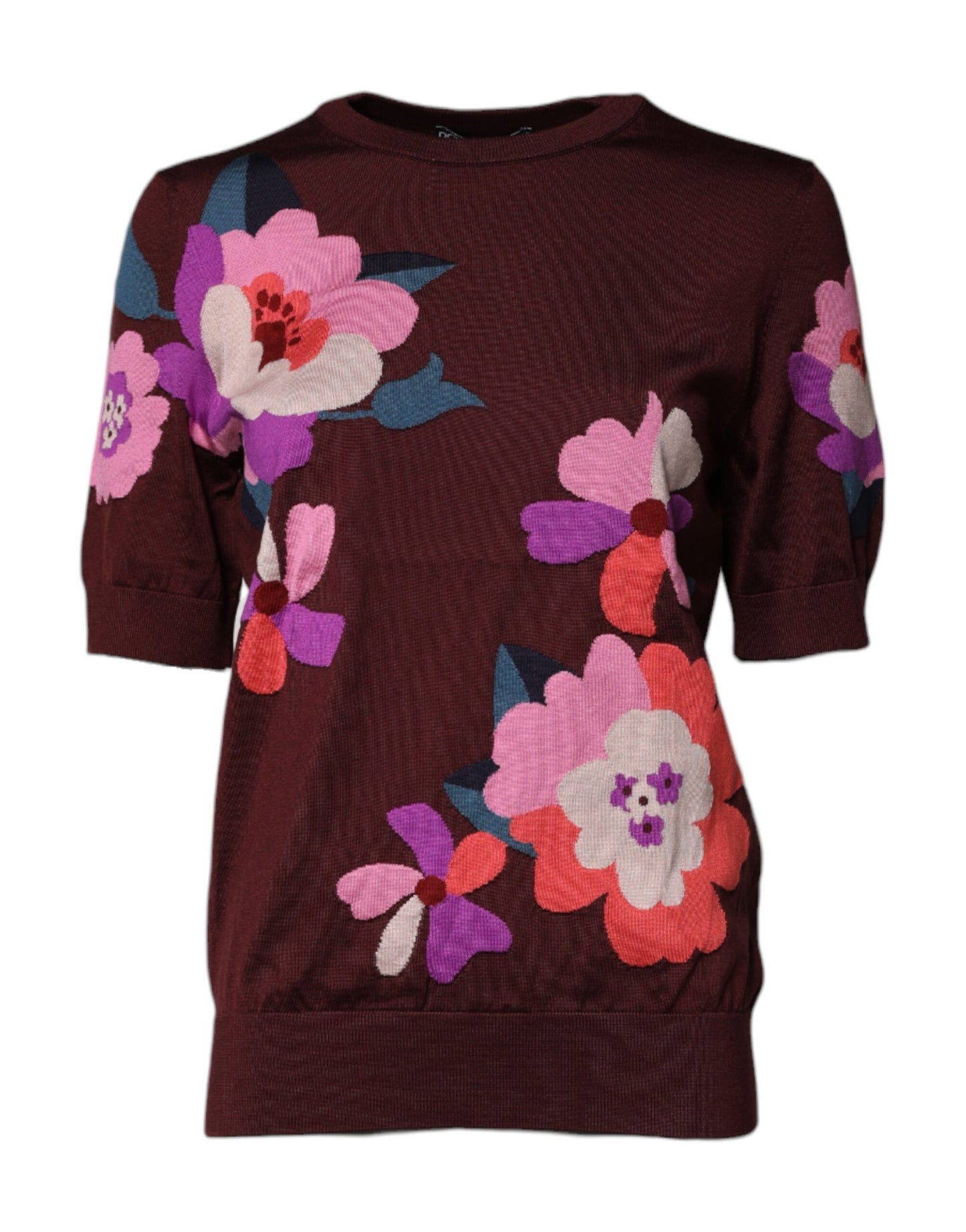 Dolce & Gabbana – Kastanienbraunes Blusenoberteil aus Seide mit Blumenmuster und Rundhalsausschnitt