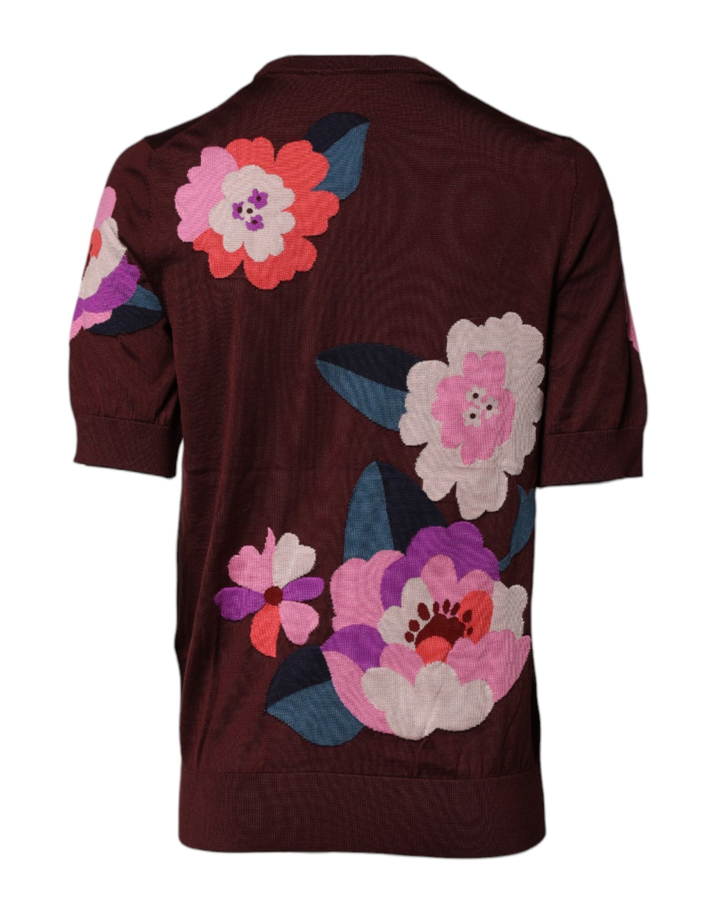 Dolce & Gabbana – Kastanienbraunes Blusenoberteil aus Seide mit Blumenmuster und Rundhalsausschnitt