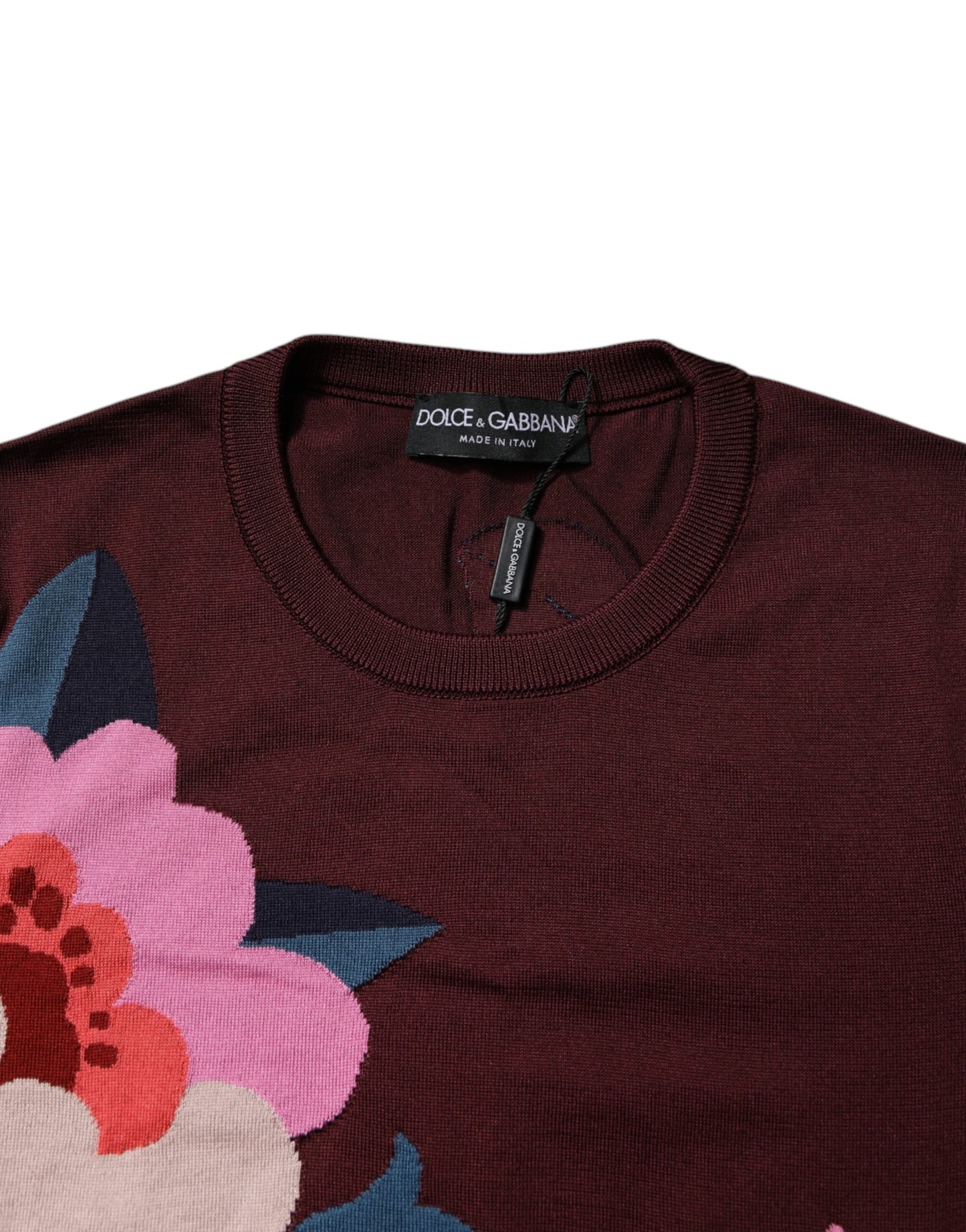 Dolce & Gabbana – Kastanienbraunes Blusenoberteil aus Seide mit Blumenmuster und Rundhalsausschnitt