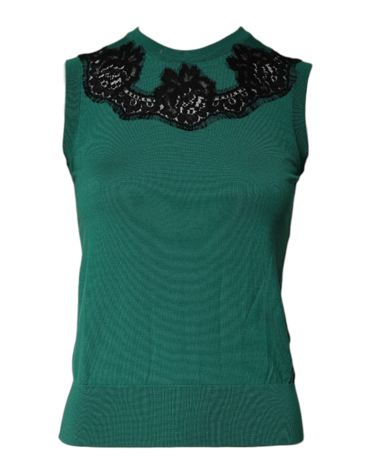 Dolce & Gabbana, grünes, ärmelloses Tanktop aus Wolle mit Spitzendetail