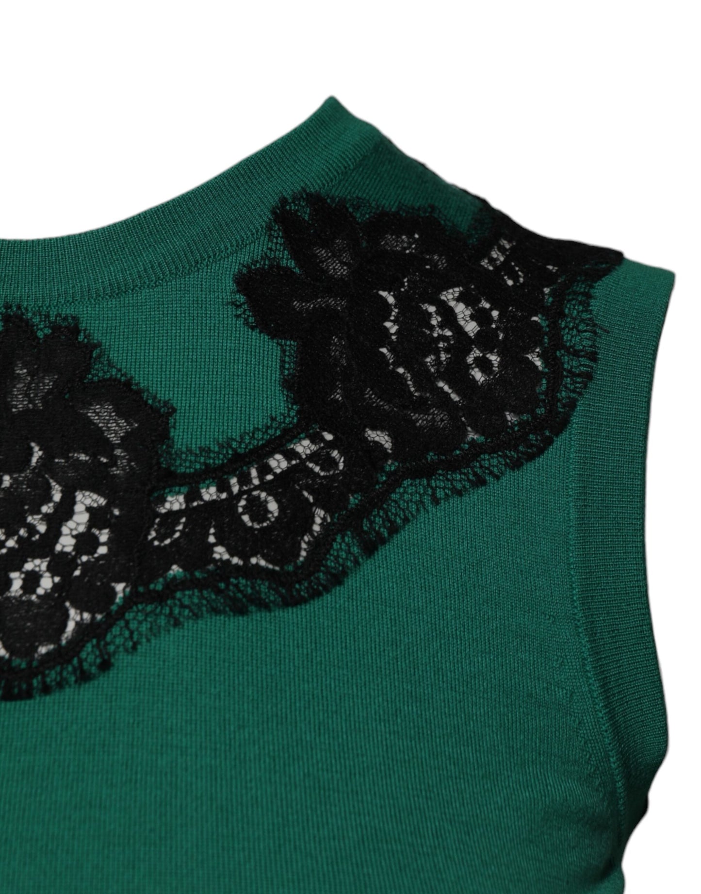 Dolce & Gabbana, grünes, ärmelloses Tanktop aus Wolle mit Spitzendetail