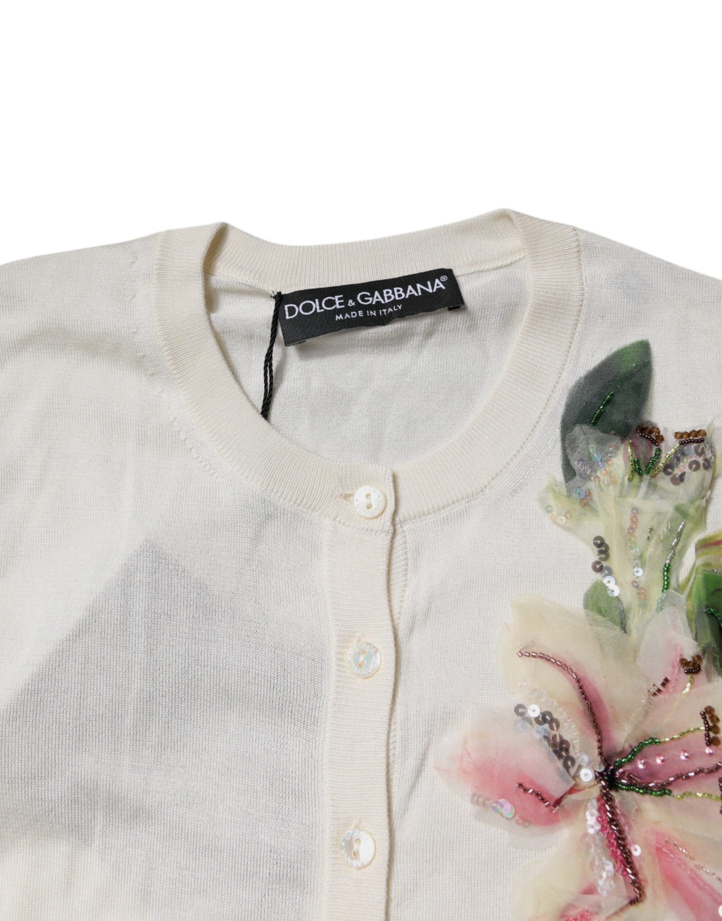 Pull cardigan en soie à fleurs crème Dolce & Gabbana