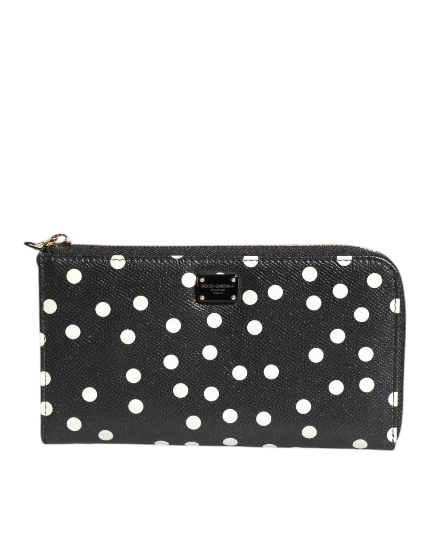 Portefeuille continental zippé Dolce & Gabbana en cuir noir et blanc à pois