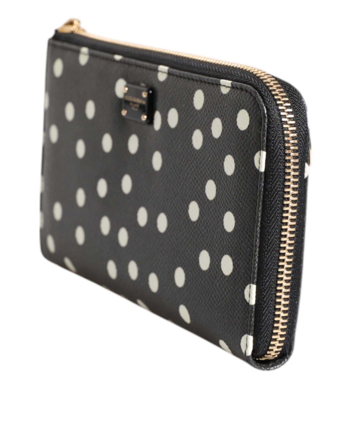 Portefeuille continental zippé Dolce & Gabbana en cuir noir et blanc à pois