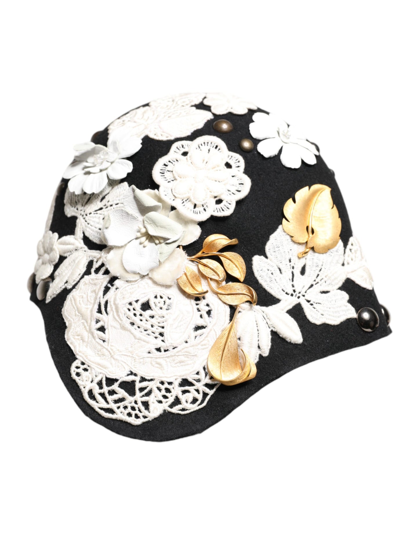 Chapeau cloche Dolce & Gabbana en laine noire à fleurs blanches et feuilles d'or